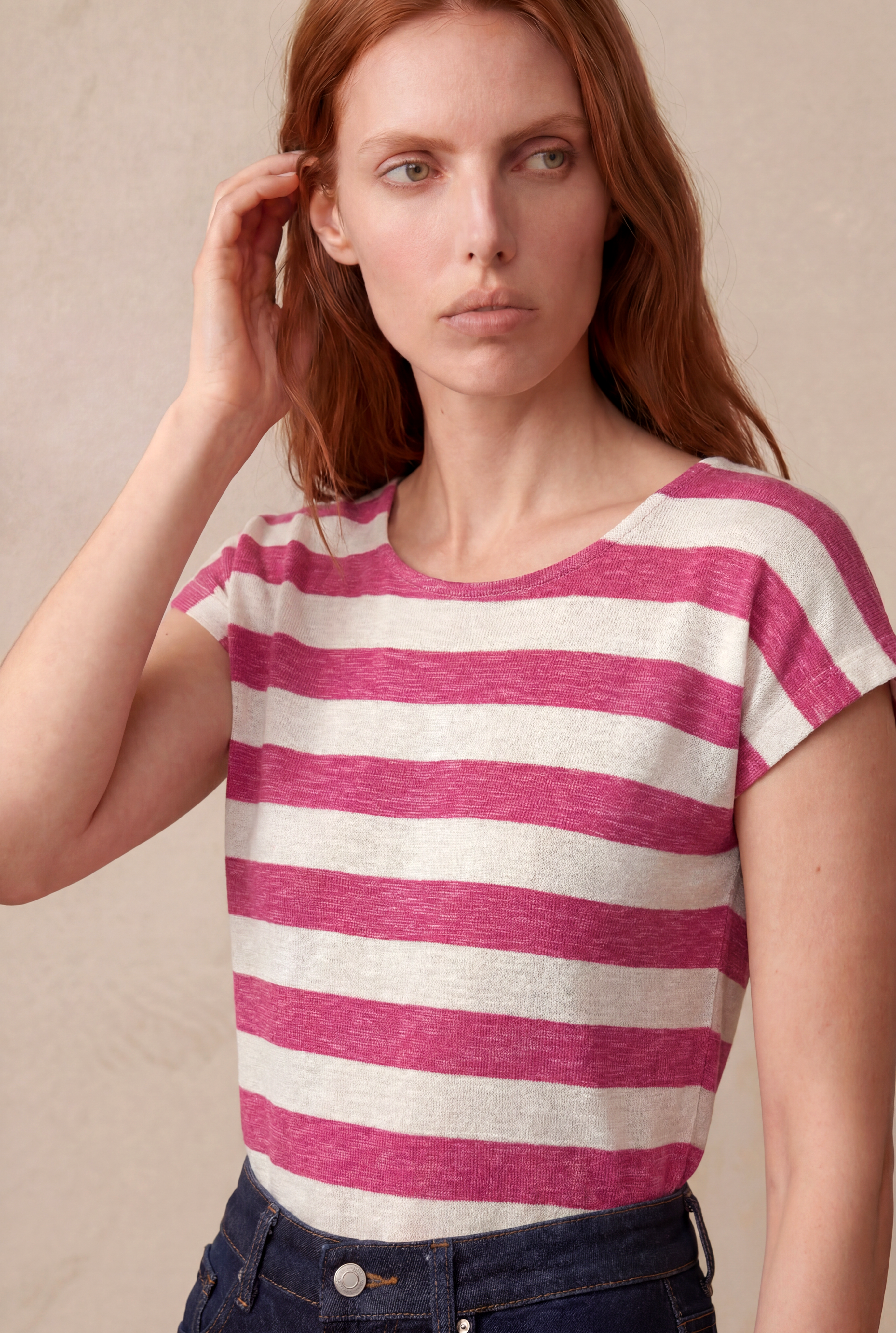 Kadın Regular Fit Bisiklet Yaka Kısa Kol Ekru / Mor Çizgili Viskon / Elastan T-Shirt WILDA - Top - Westmark London EU(TR) Store Organik Pamuklu Sürdürülebilir Moda