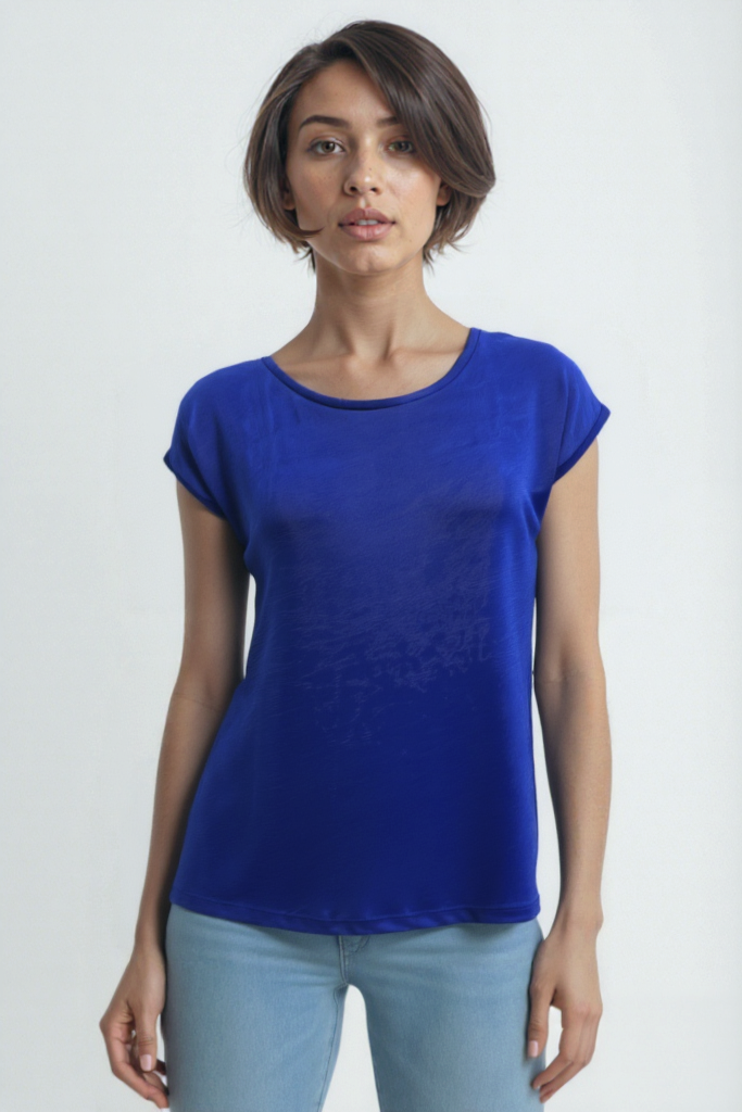 Koyu Mavi Bisiklet Yaka Pamuklu Kadın Kısa Kollu T-Shirt BETTY O-NECK TOP
