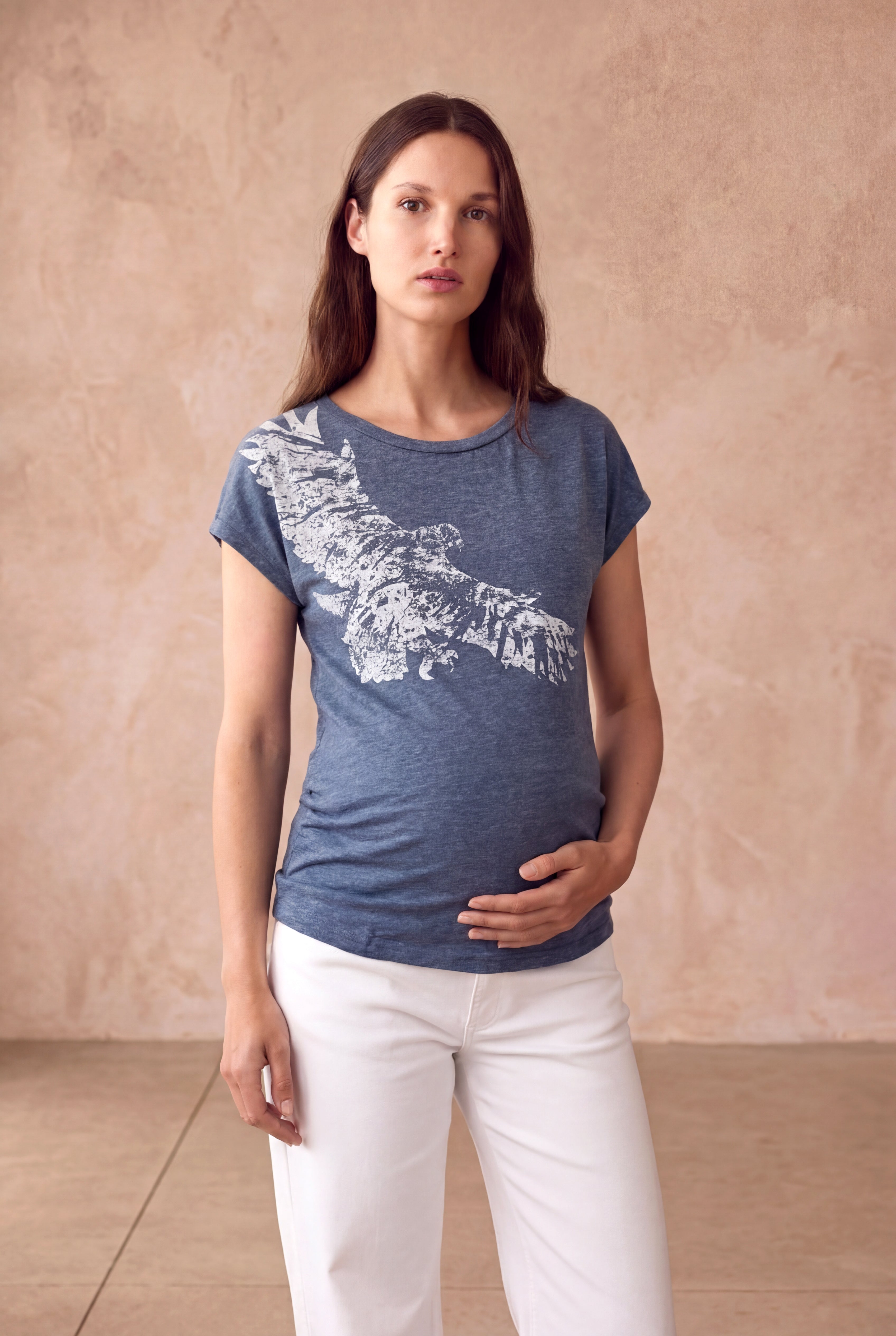 Hamile Pamuklu Mavi Melanj Kısa Kollu Bisiklet Yaka Baskılı T-Shirt WILLA