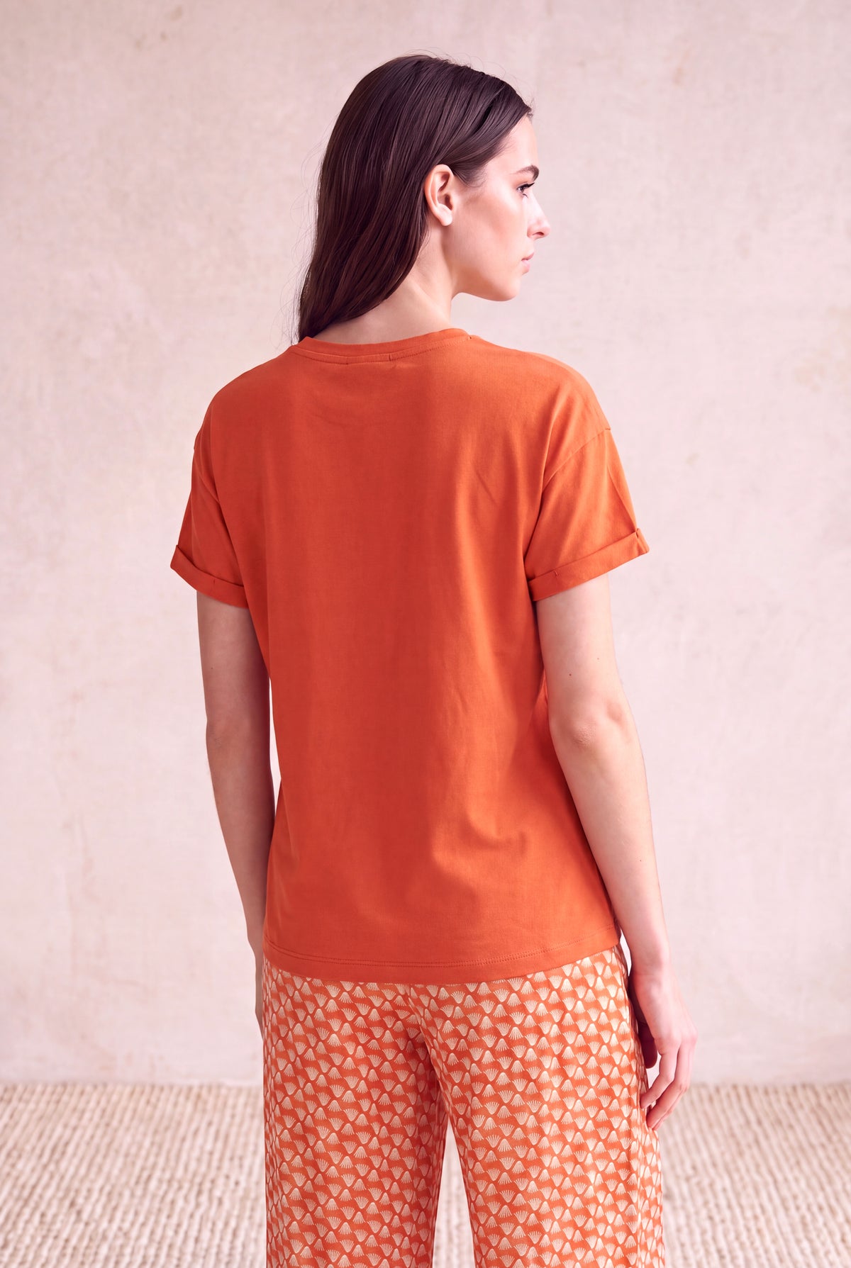 Kadın Modal / Pamuk Turuncu Katlamalı Kısa Kol Detaylı Düşük Omuz Bisiklet Yaka T-Shirt PALMA