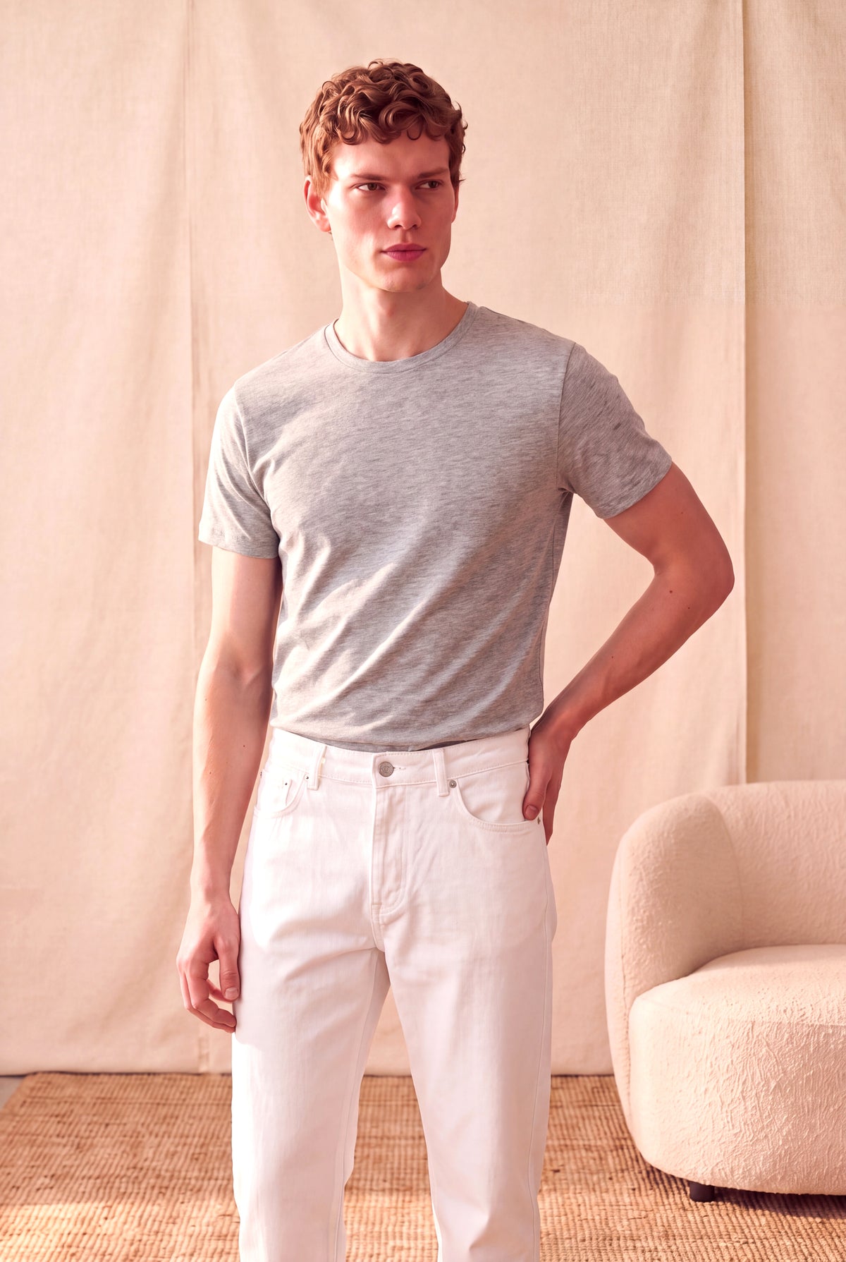 Erkek Pamuklu Açık Gri Melanj Kısa Kollu Bisiklet Yaka Basic T-Shirt OLAV
