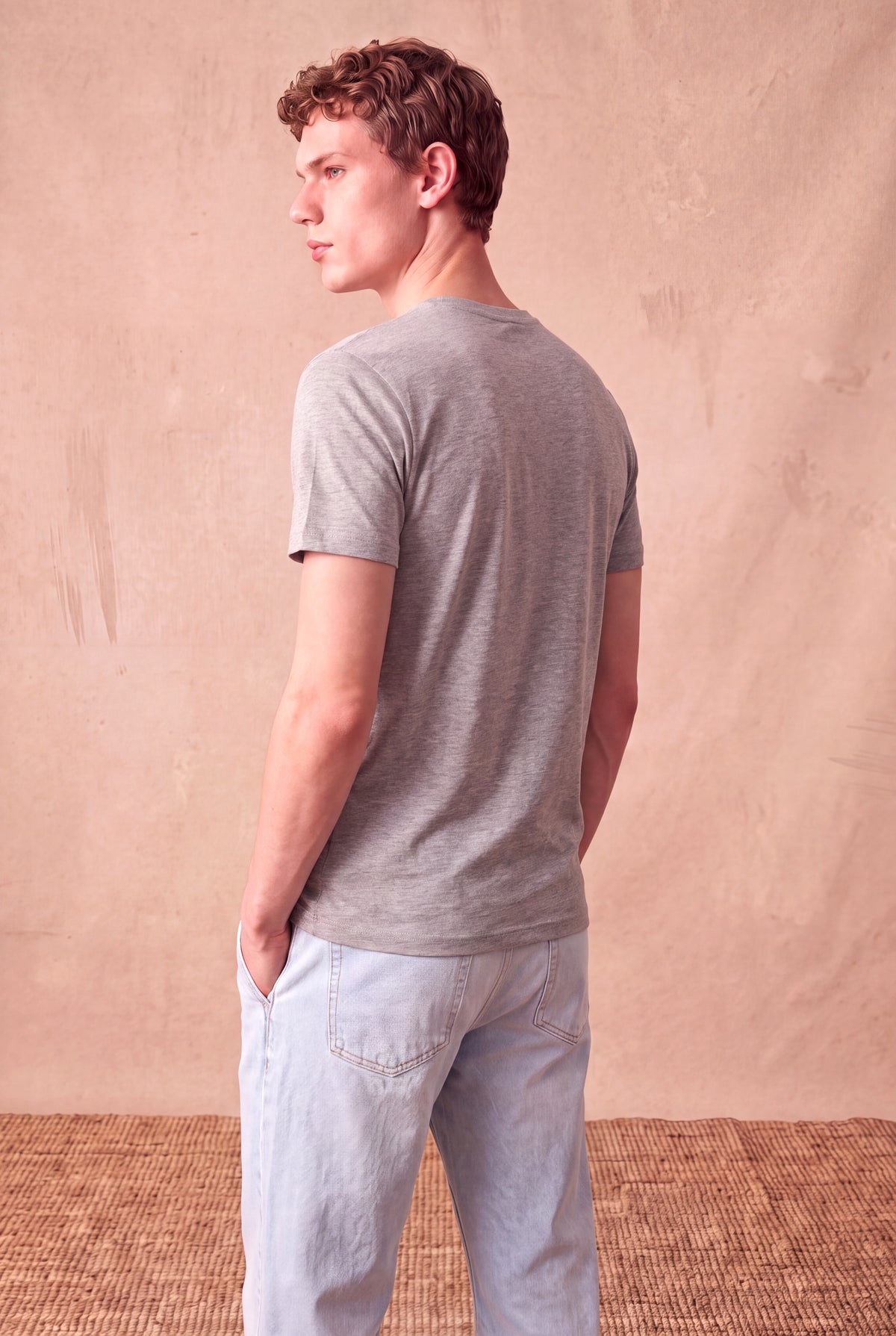 Erkek Viskon Karışımlı Açık Gri Kısa Kollu Bisiklet Yaka Basic T-Shirt OLAV