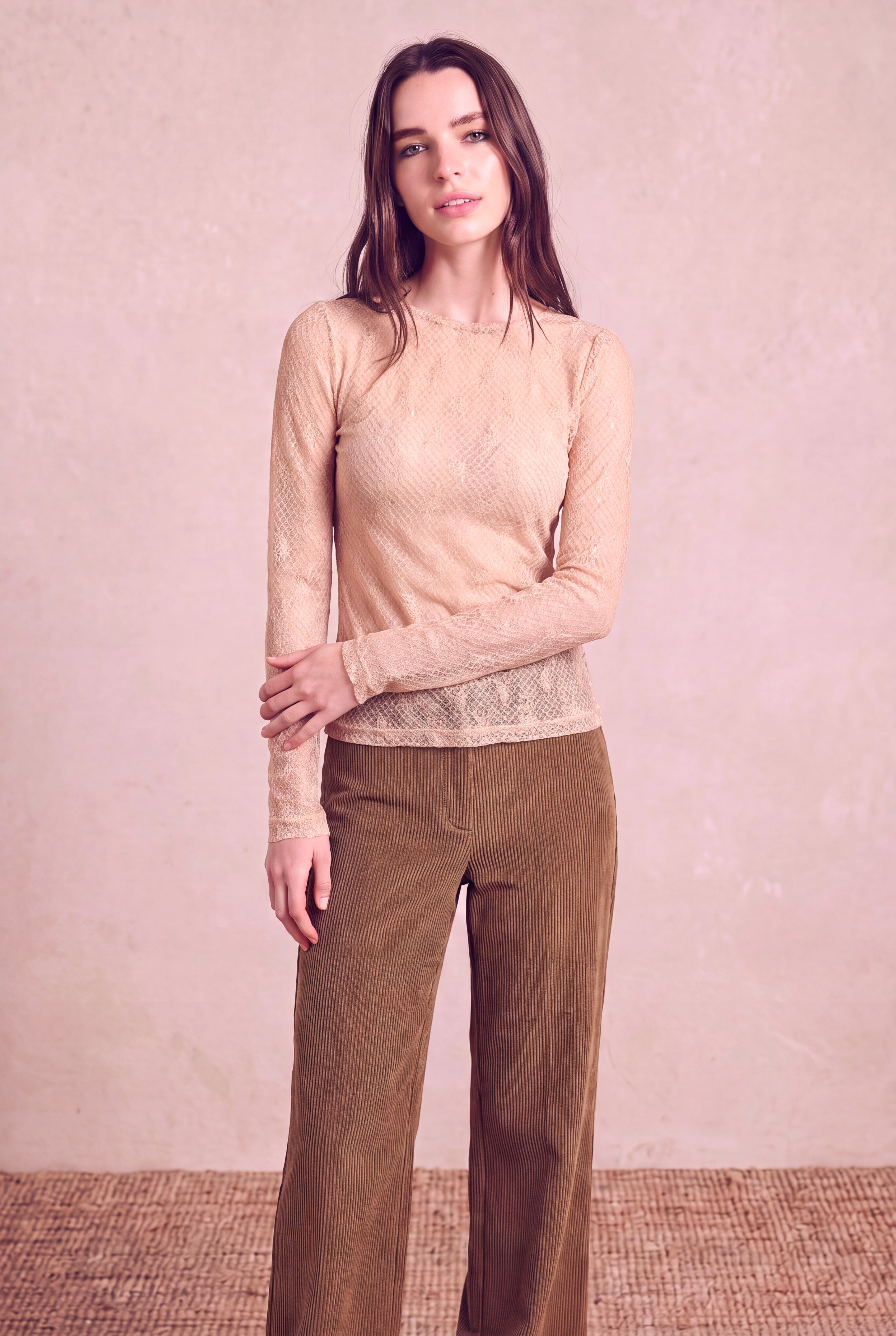 Kadın Dantel Kumaş Ten Rengi Uzun Balon Kollu Bisiklet Yaka Bluz ROSINE