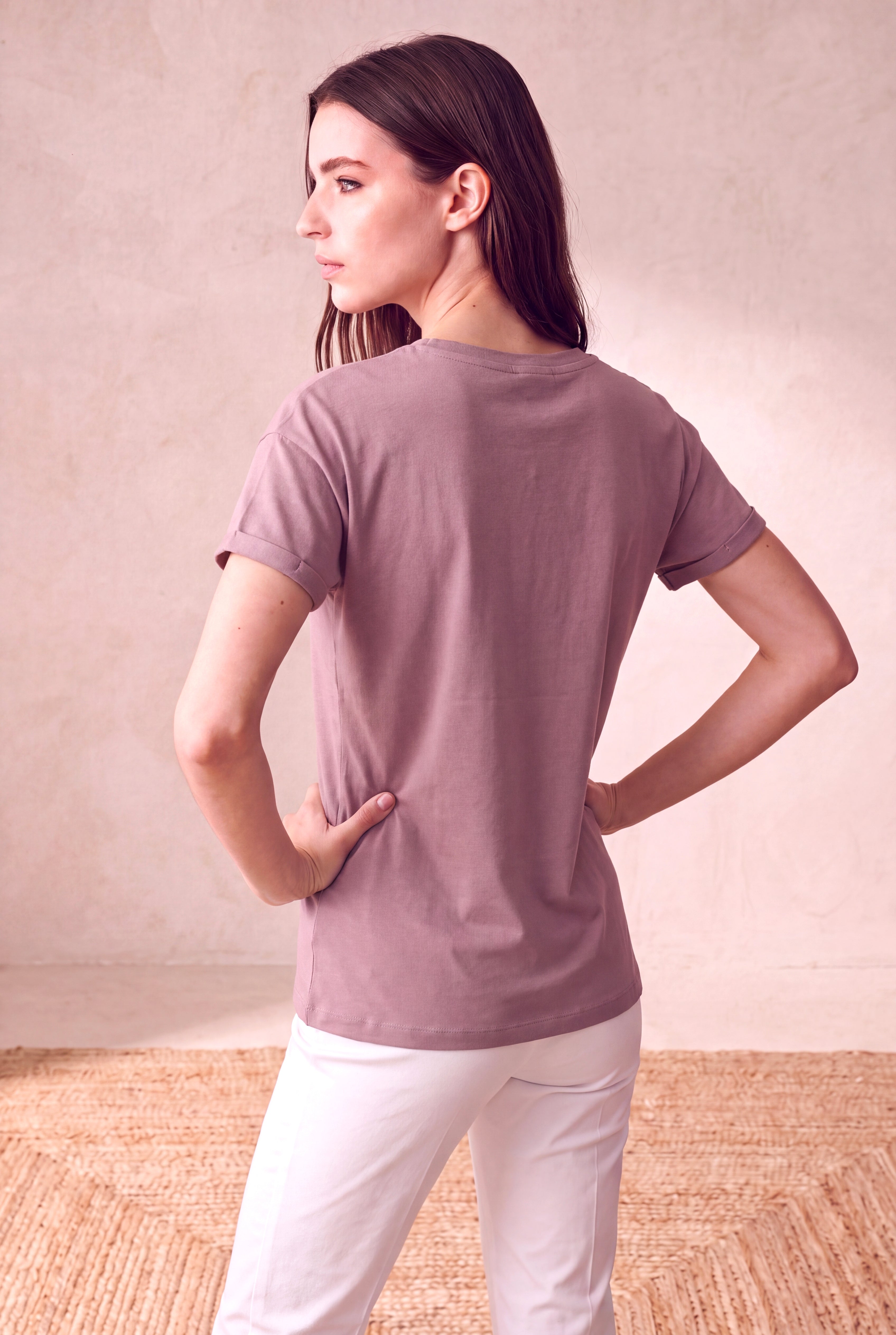 Kadın Pamuklu Pembe Katlamalı Kısa Kol Detaylı Düşük Omuz Bisiklet Yaka T-Shirt PALMA