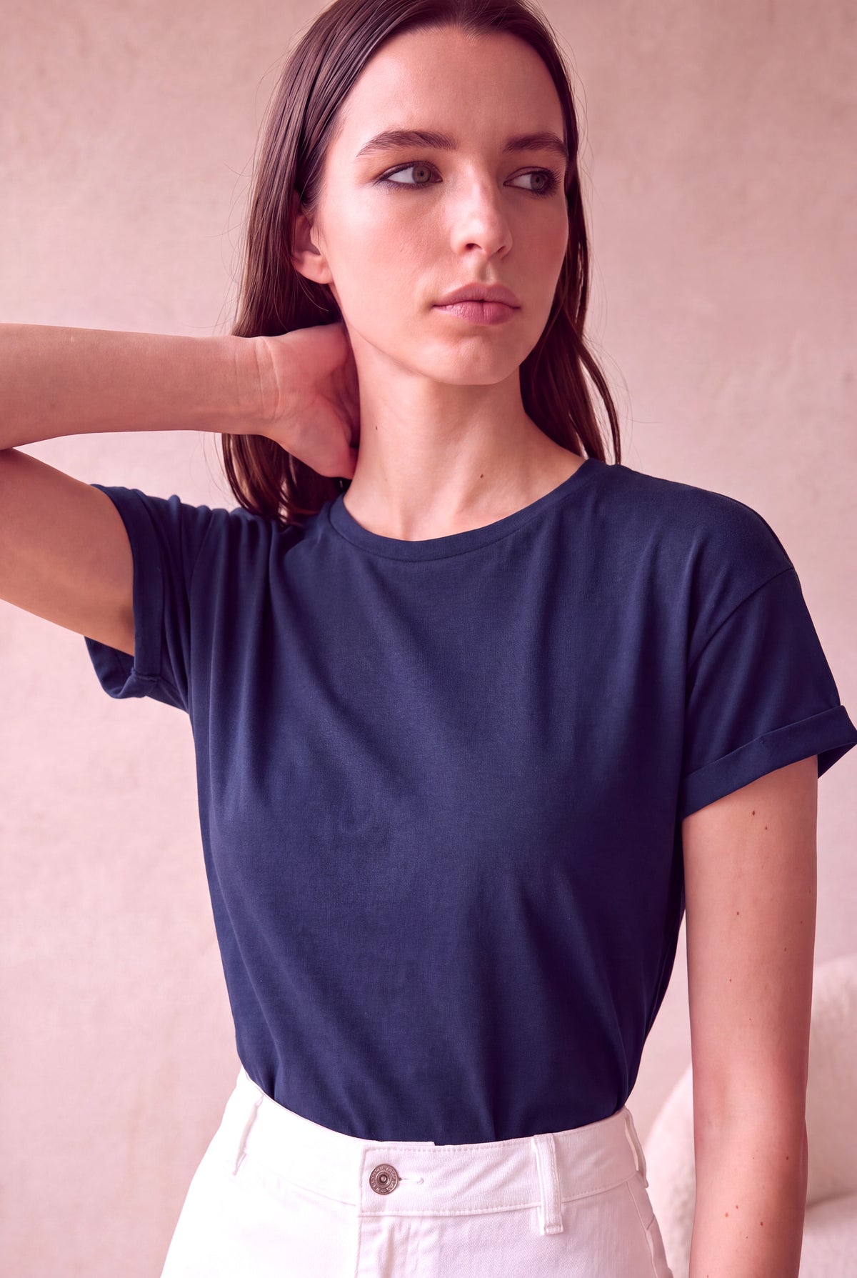Kadın Modal / Pamuk Koyu Lacivert Katlamalı Kısa Kol Detaylı Düşük Omuz Bisiklet Yaka T-Shirt PALMA