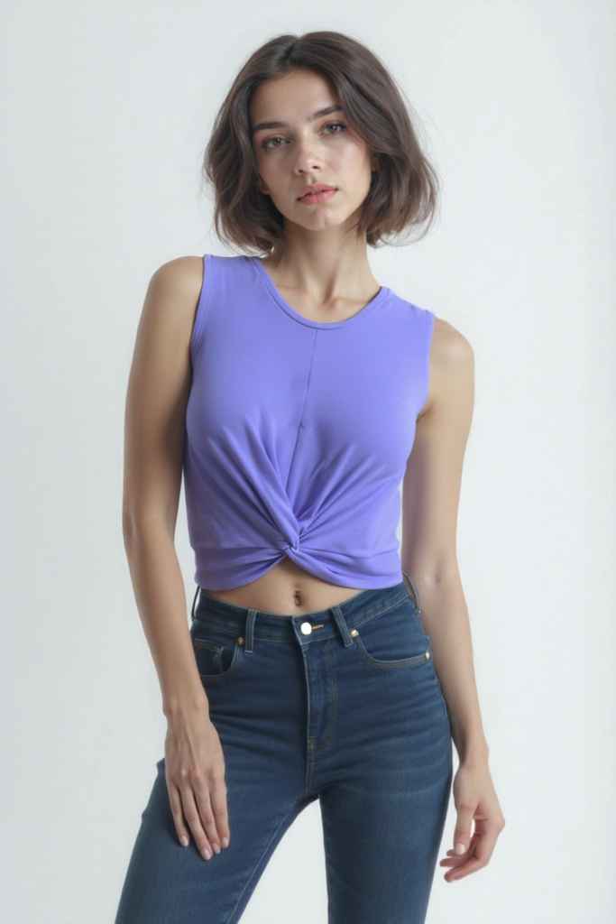 Açık Lila Bisiklet Yaka Pamuklu Kolsuz Crop Kadın T-Shirt TIANA S/L TOP