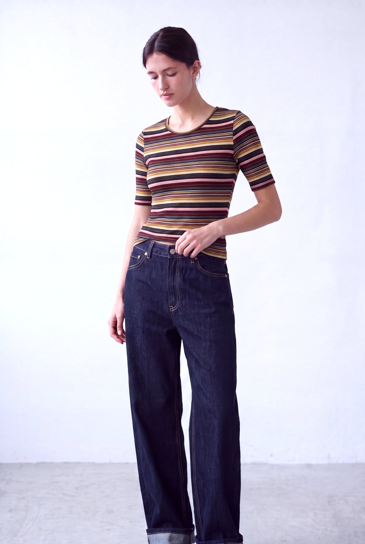 Lacivert Çok Renkli Çizgili Kadın Lacivert Çok Renkli Çizgili Viskon Bisiklet Yaka 2/4 Kol Bluz VERA - Top - Westmark London EU(TR) Store Organik Pamuklu Sürdürülebilir Moda