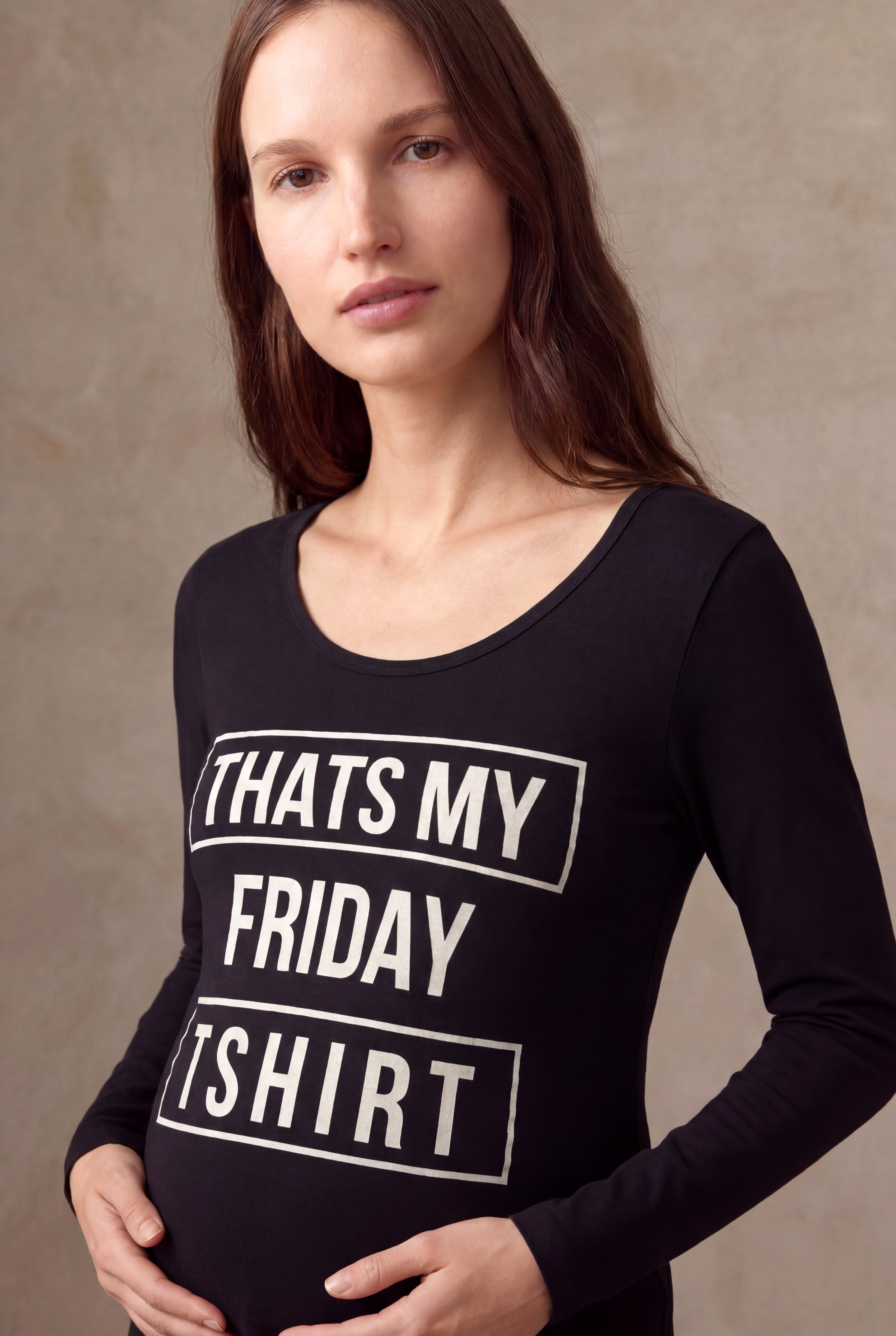 Hamile Siyah Pamuklu Bisiklet Yaka Uzun Kollu Baskılı T-Shirt ILA