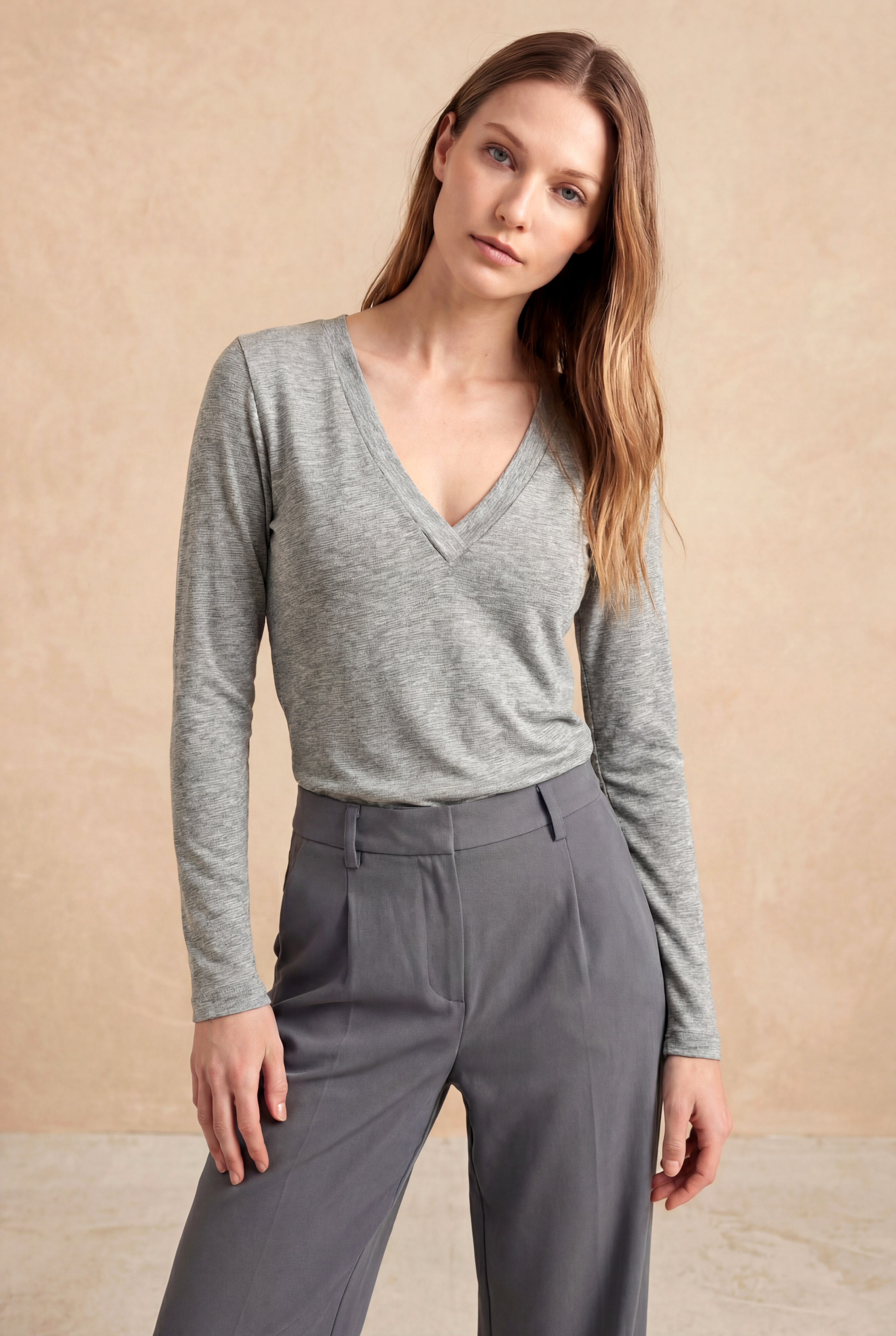 Gri Melanj V Yaka Uzun Kollu Kadın Bluz VIOLA TOP - Blouse - Westmark London EU(TR) Store Organik Pamuklu Sürdürülebilir Moda