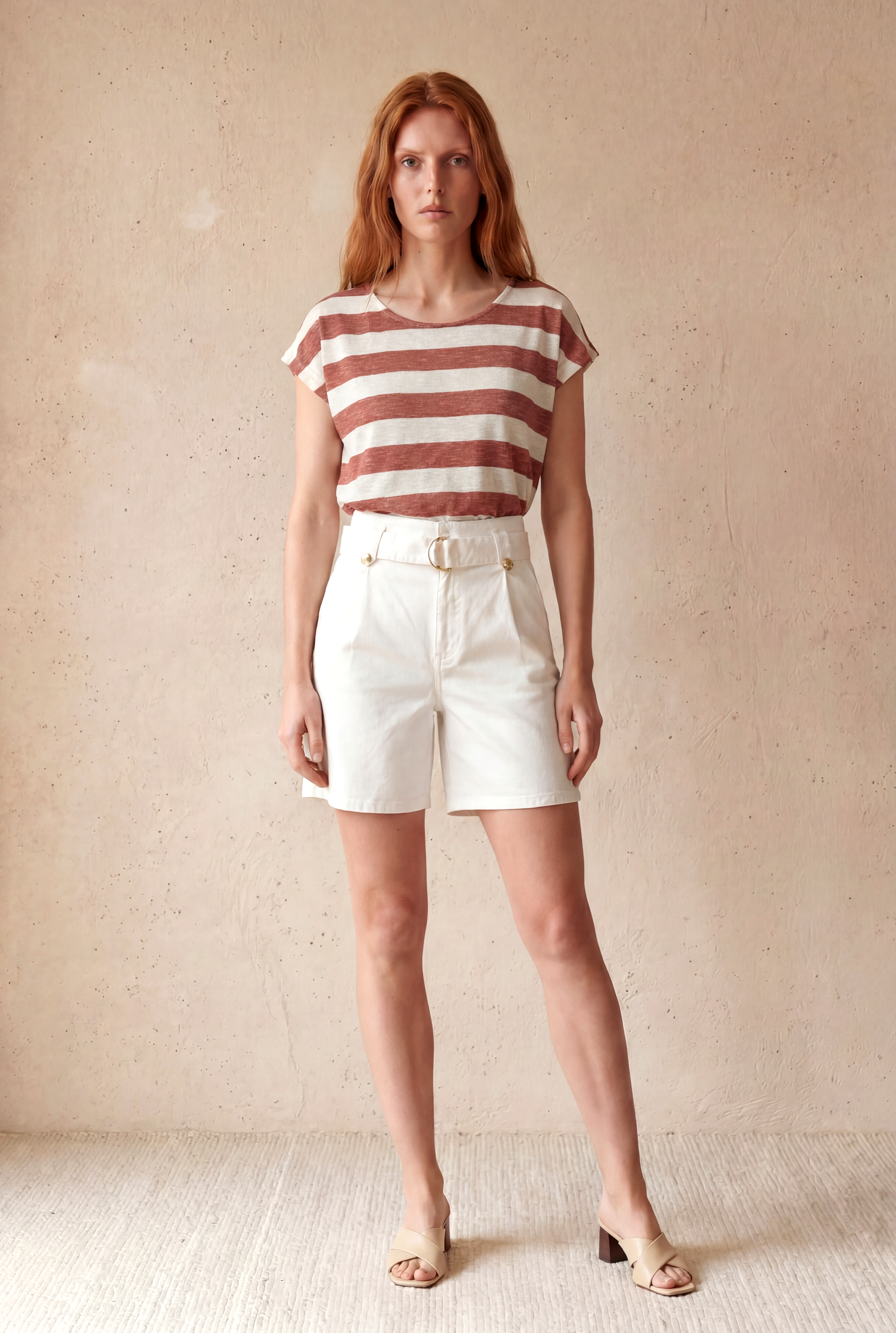 Kadın Regular Fit Bisiklet Yaka Kısa Kol Ekru / Kahverengi Çizgili Viskon / Elastan T-Shirt WILDA - Top - Westmark London EU(TR) Store Organik Pamuklu Sürdürülebilir Moda