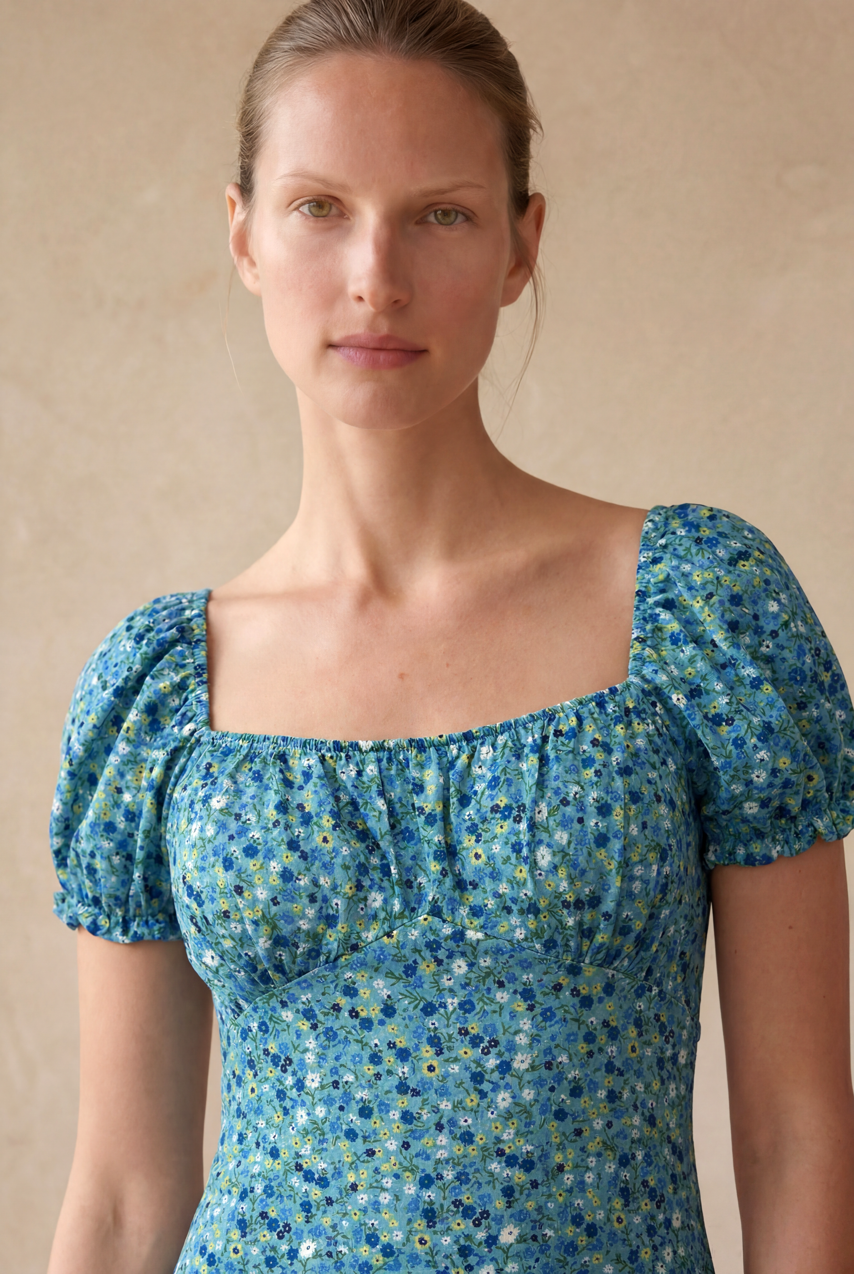 Kadın Regular Fit Kare Yaka Balon Büzgülü Kol Mavi Mini Elbise EDUARDA - Dress - Westmark London EU(TR) Store Organik Pamuklu Sürdürülebilir Moda