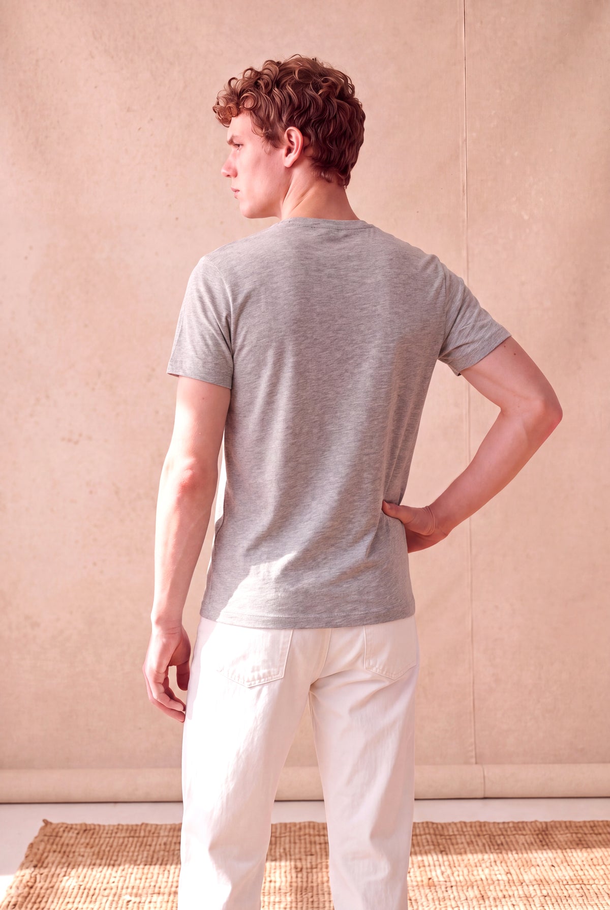 Erkek Pamuklu Açık Gri Melanj Kısa Kollu Bisiklet Yaka Basic T-Shirt OLAV