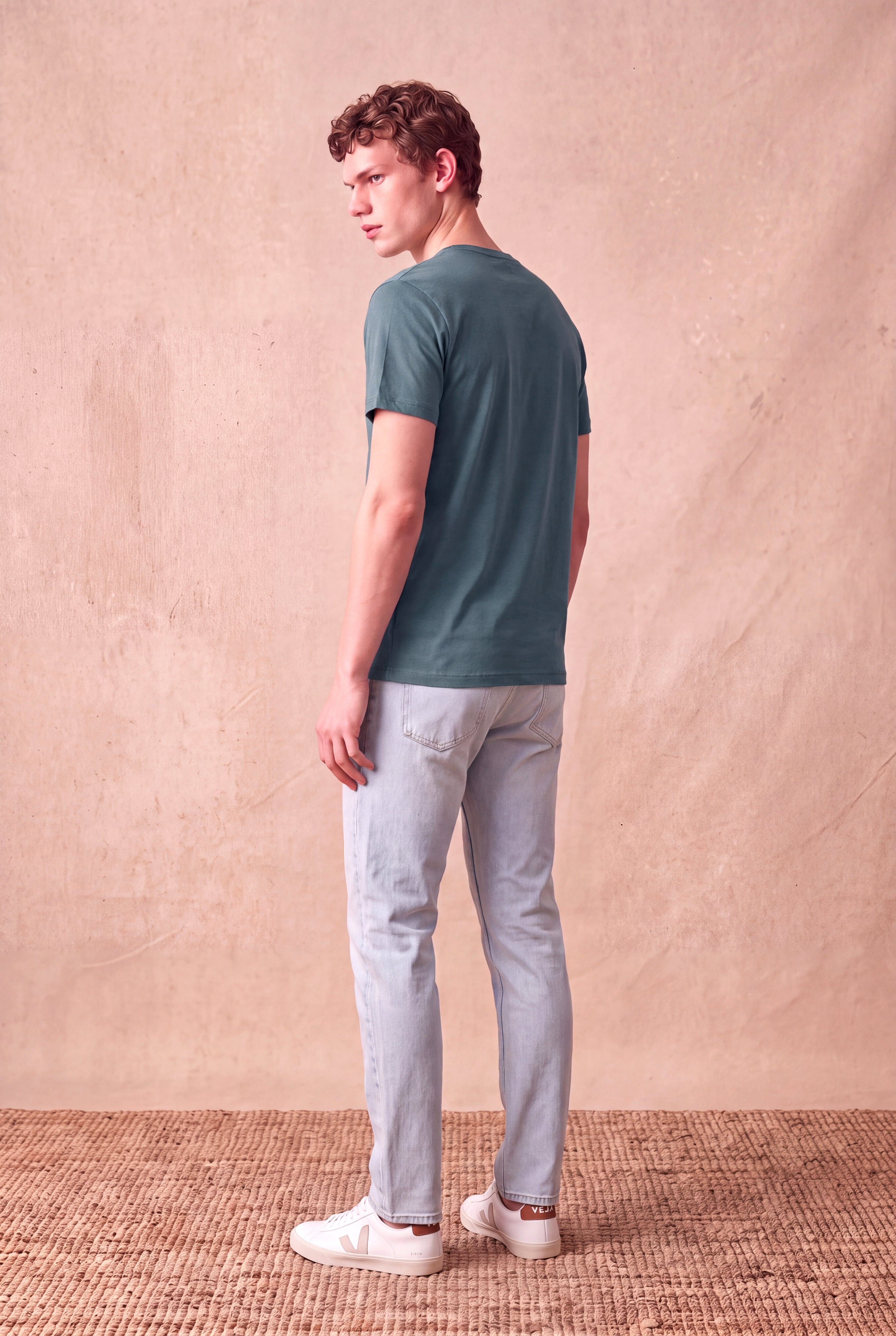 Erkek %100 Pamuk Taş Mavisi Kısa Kollu Bisiklet Yaka Basic T-Shirt OLAV