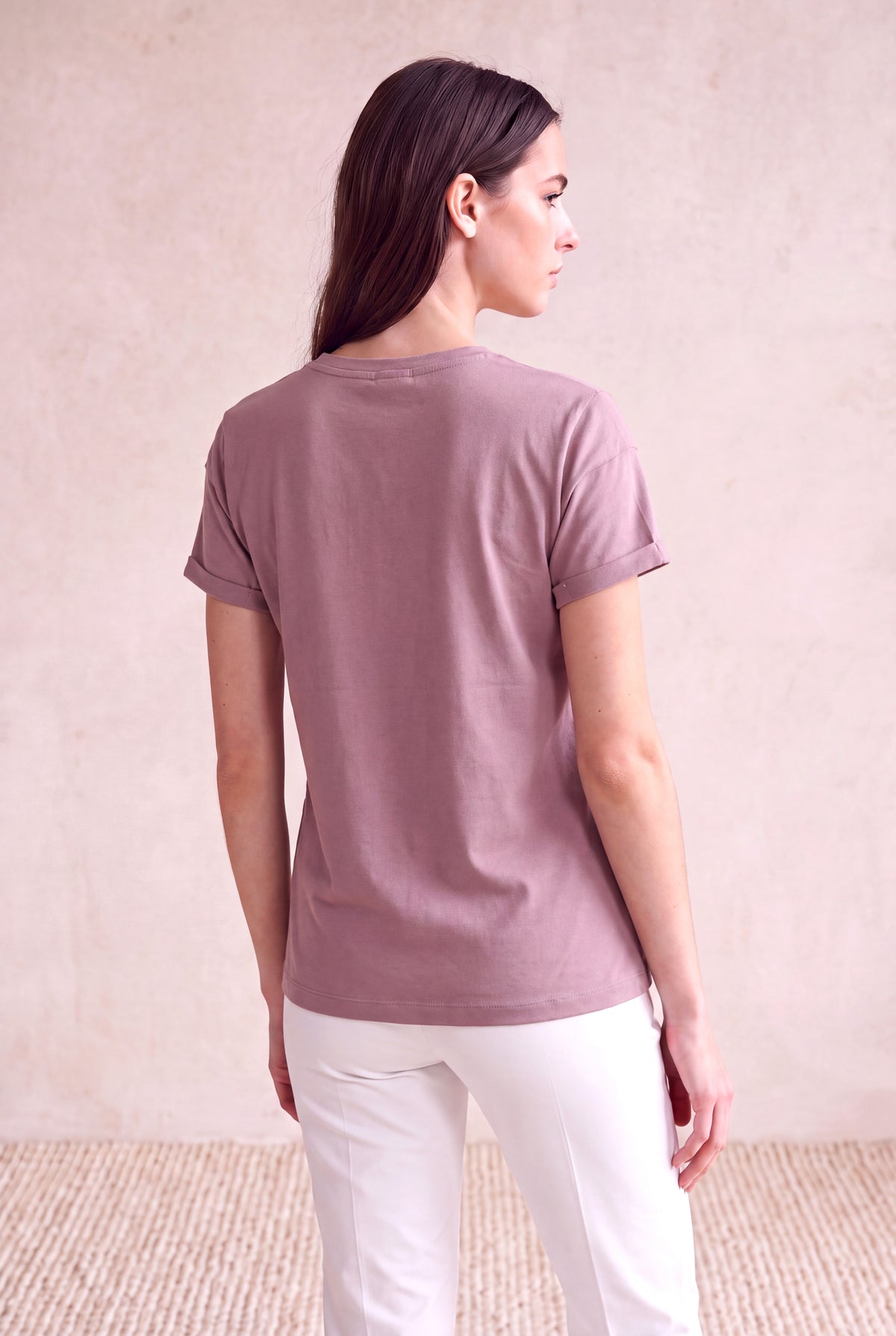 Kadın Pamuklu Pembe Katlamalı Kısa Kol Detaylı Düşük Omuz Bisiklet Yaka T-Shirt PALMA