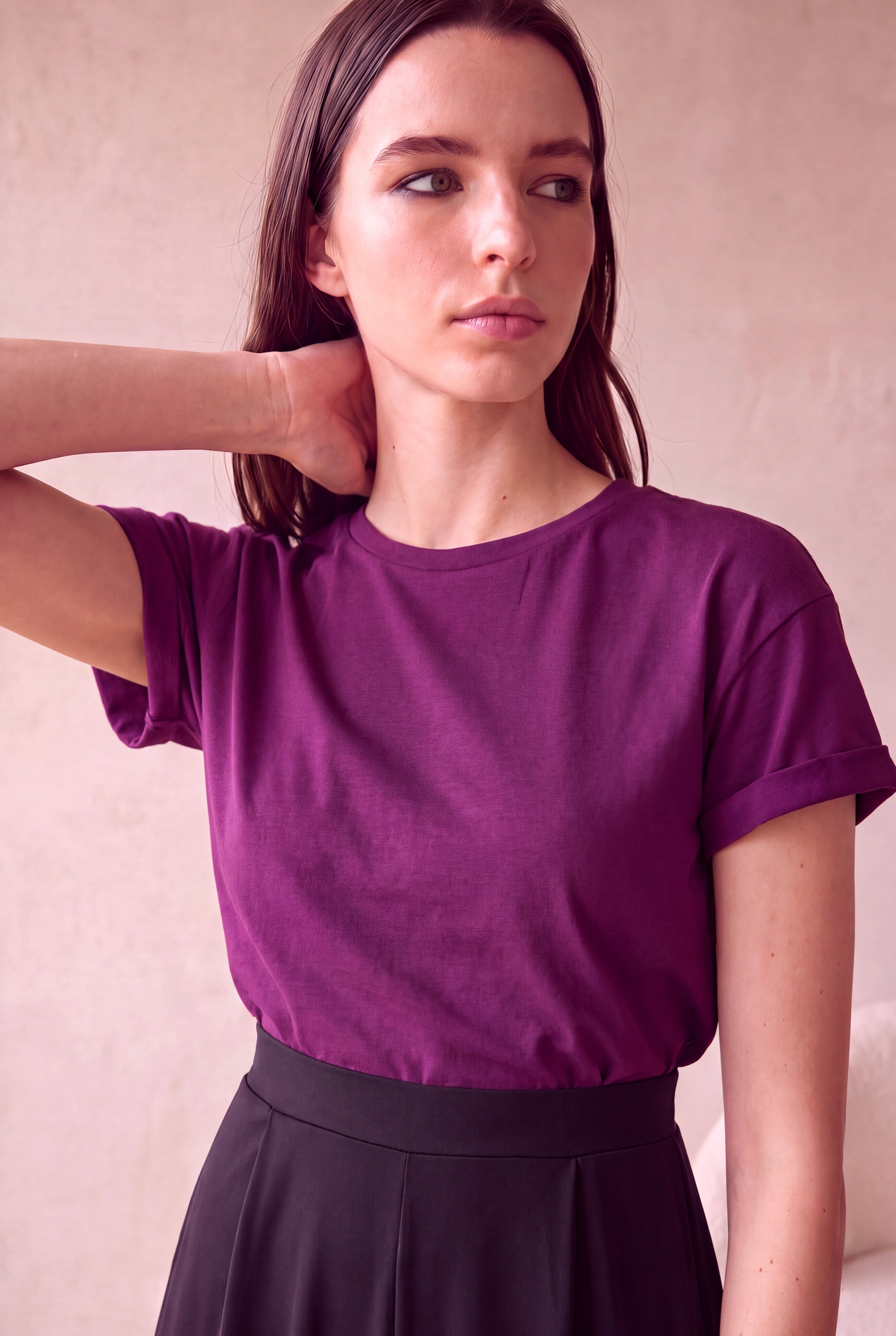 Kadın Modal / Pamuk Mor Katlamalı Kısa Kol Detaylı Düşük Omuz Bisiklet Yaka T-Shirt PALMA