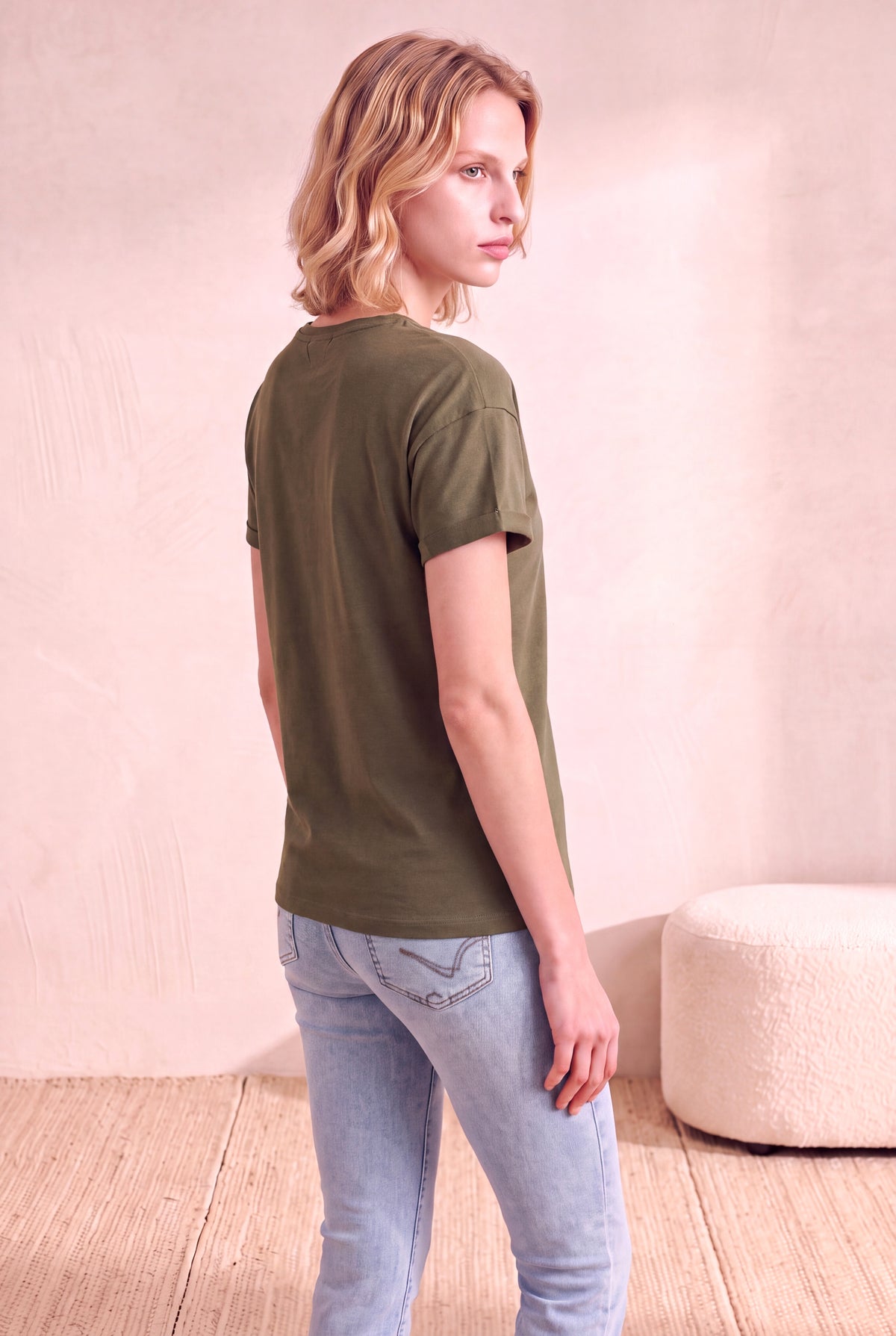 Kadın Modal / Pamuk Haki Katlamalı Kısa Kol Detaylı Düşük Omuz Bisiklet Yaka T-Shirt PALMA