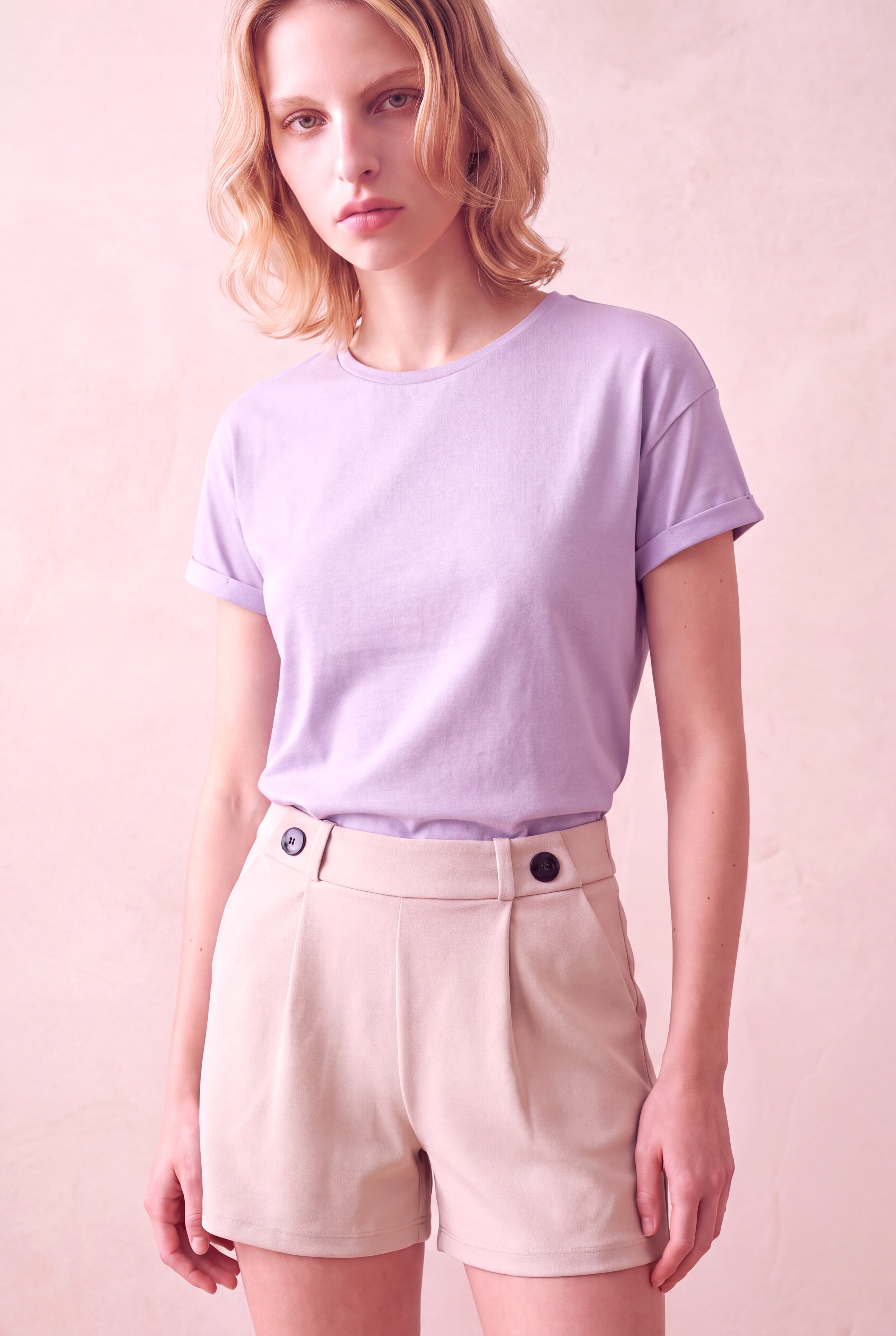 Kadın Modal / Pamuk Pastel Lila Katlamalı Kısa Kol Detaylı Düşük Omuz Bisiklet Yaka T-Shirt PALMA