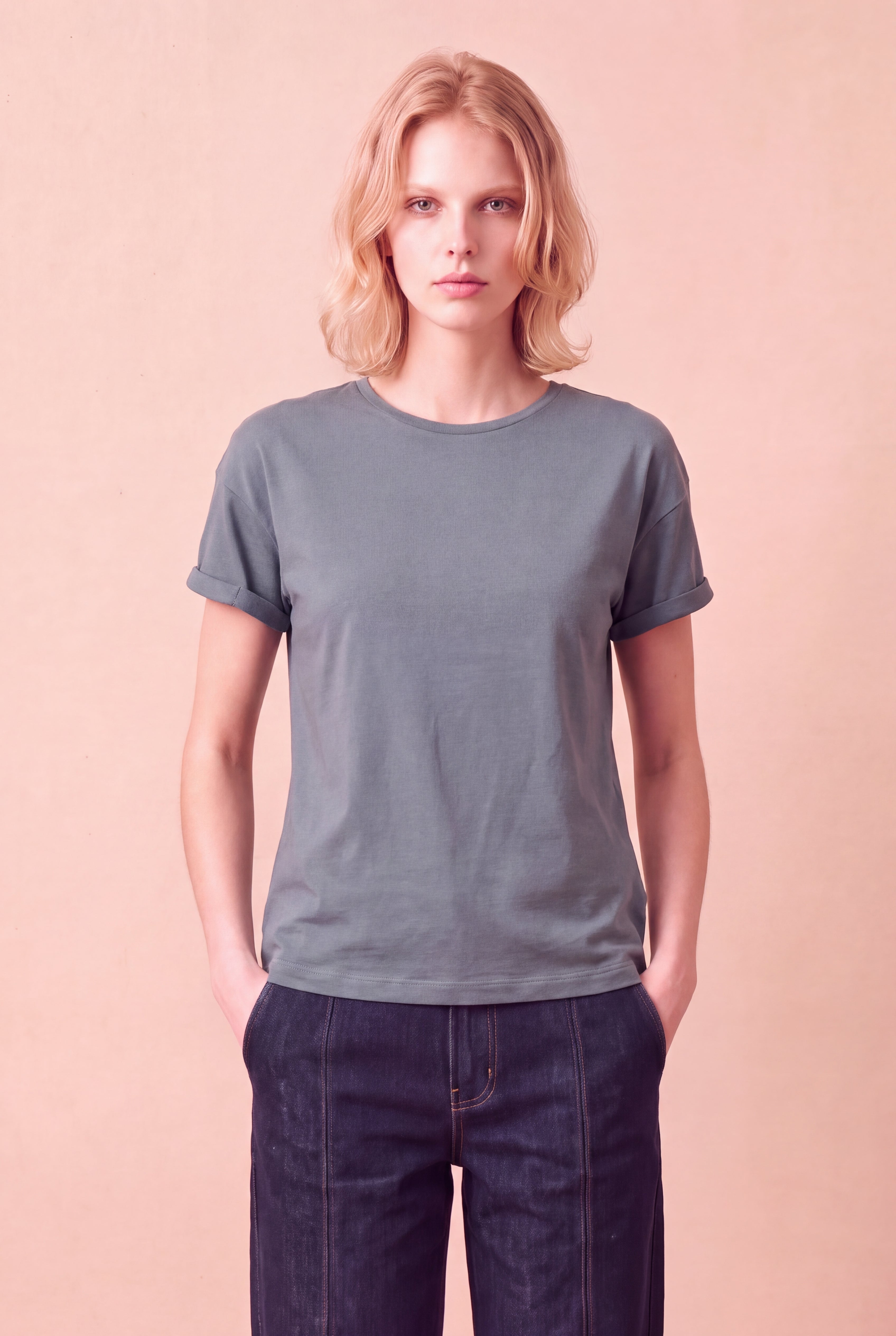 Kadın Modal / Pamuk Gri Katlamalı Kısa Kol Detaylı Düşük Omuz Bisiklet Yaka T-Shirt PALMA