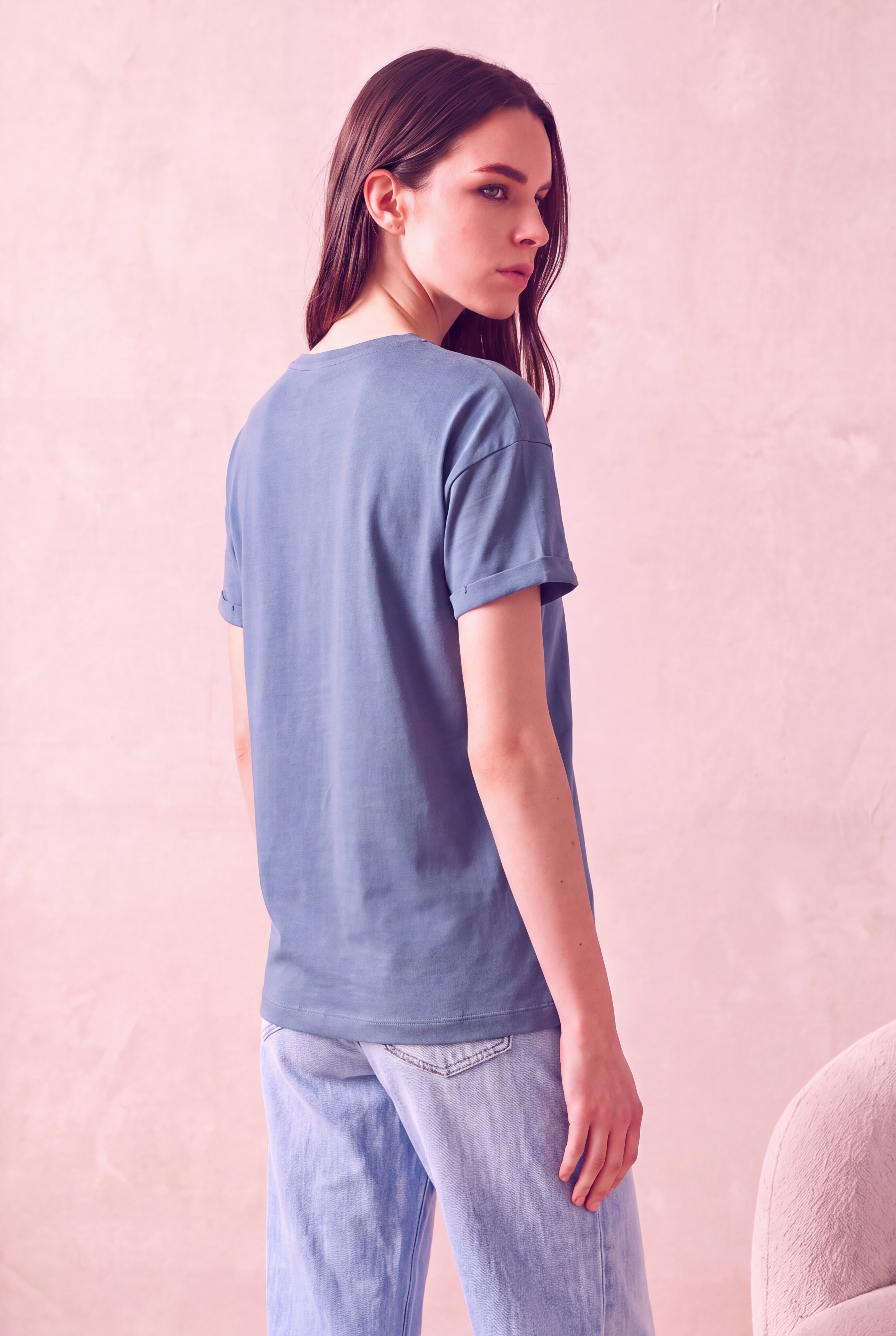 Kadın Modal / Pamuk Porselen Mavisi Katlamalı Kısa Kol Detaylı Düşük Omuz Bisiklet Yaka T-Shirt PALMA