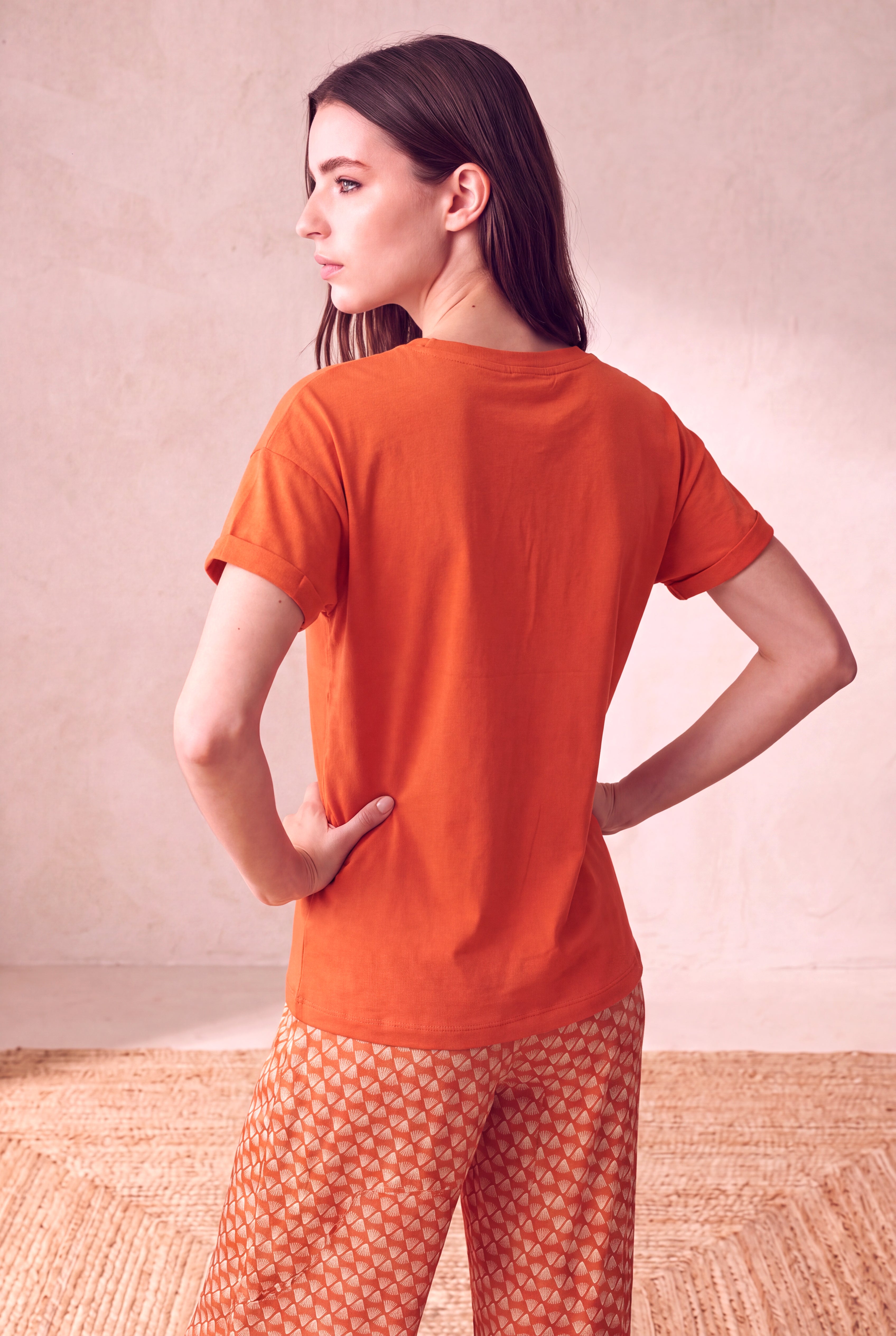 Kadın Modal / Pamuk Turuncu Katlamalı Kısa Kol Detaylı Düşük Omuz Bisiklet Yaka T-Shirt PALMA