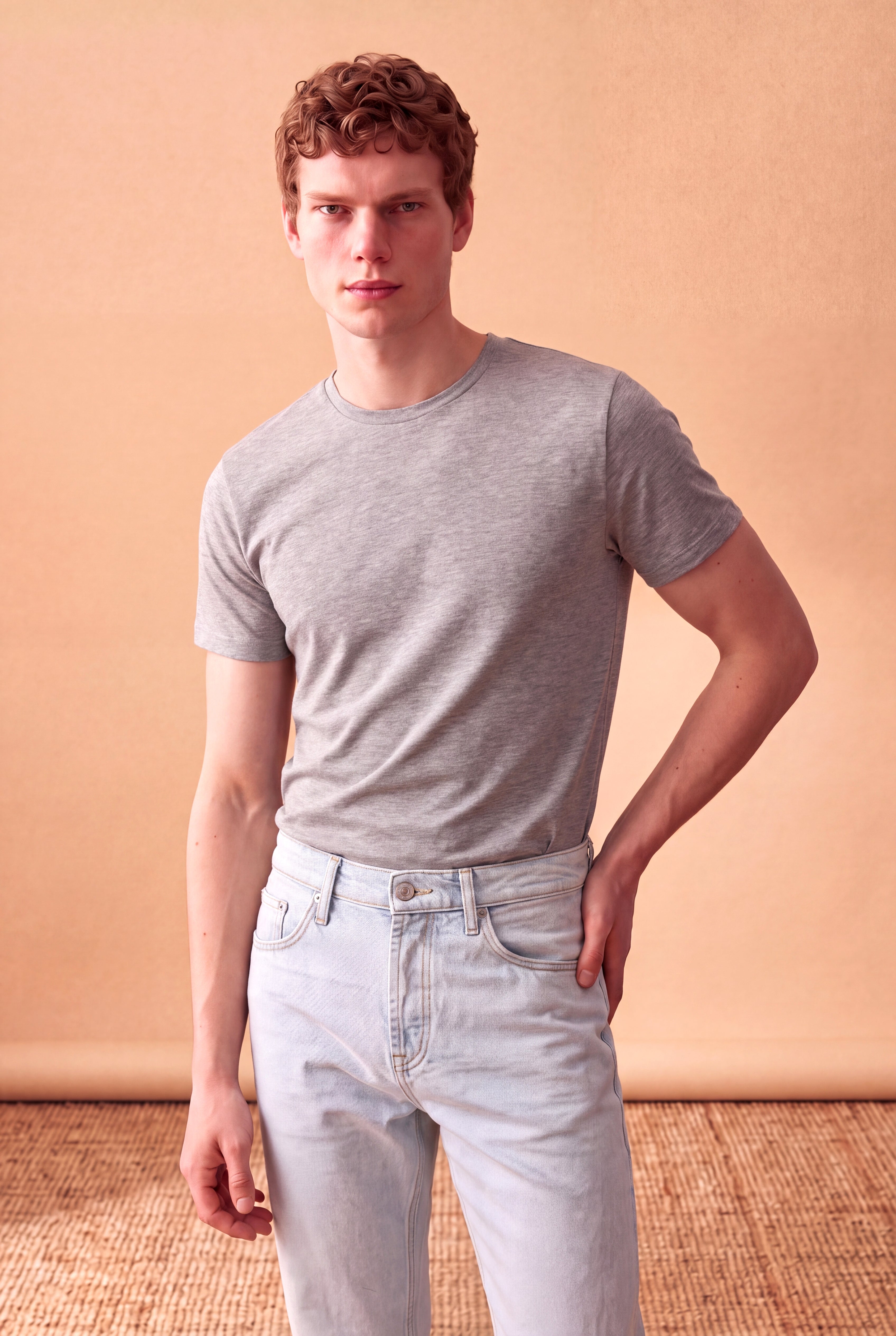 Erkek Viskon Karışımlı Açık Gri Kısa Kollu Bisiklet Yaka Basic T-Shirt OLAV