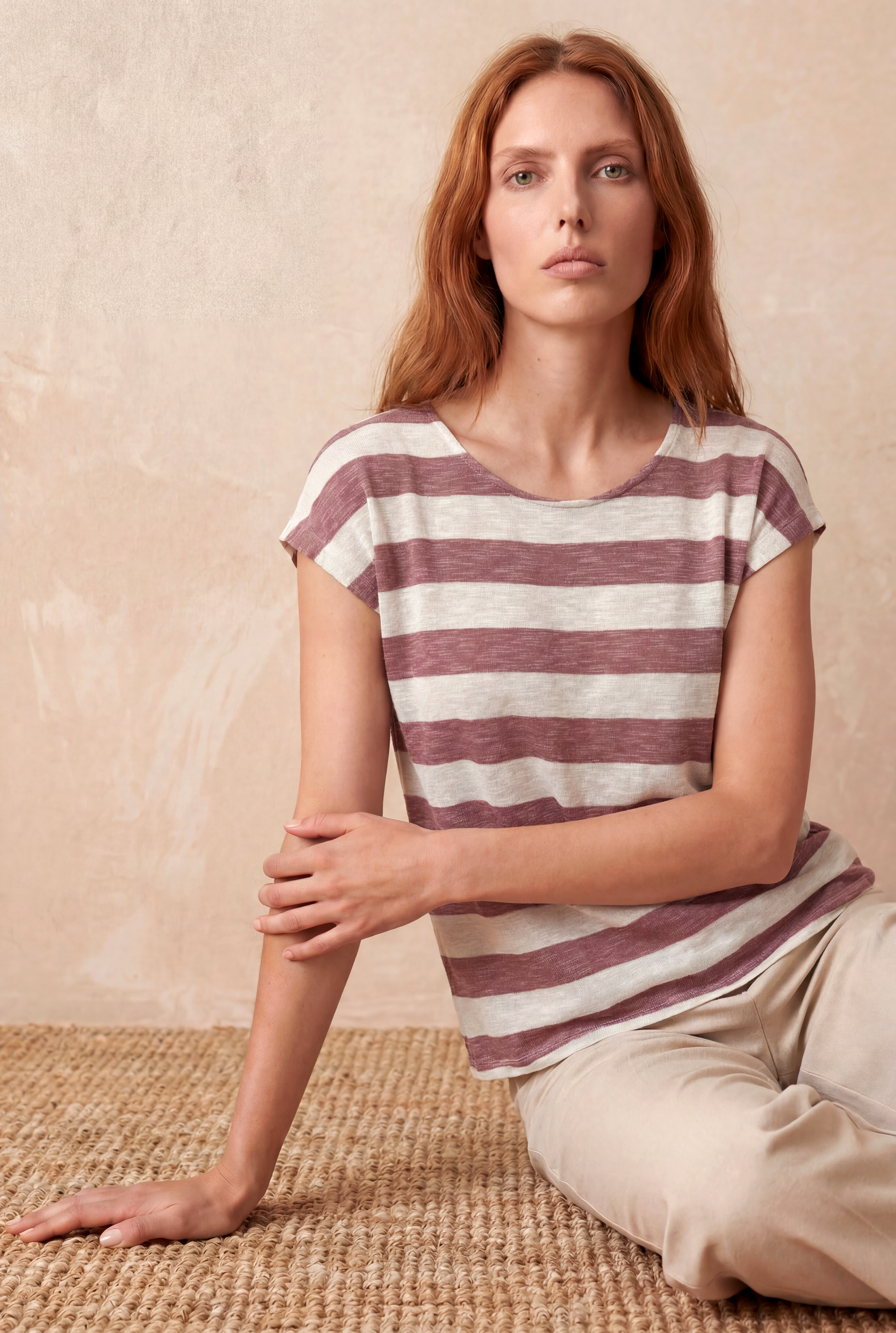 Kadın Regular Fit Bisiklet Yaka Kısa Kol Ekru / Gül Kurusu Çizgili Viskon / Elastan T-Shirt WILDA - Top - Westmark London EU(TR) Store Organik Pamuklu Sürdürülebilir Moda