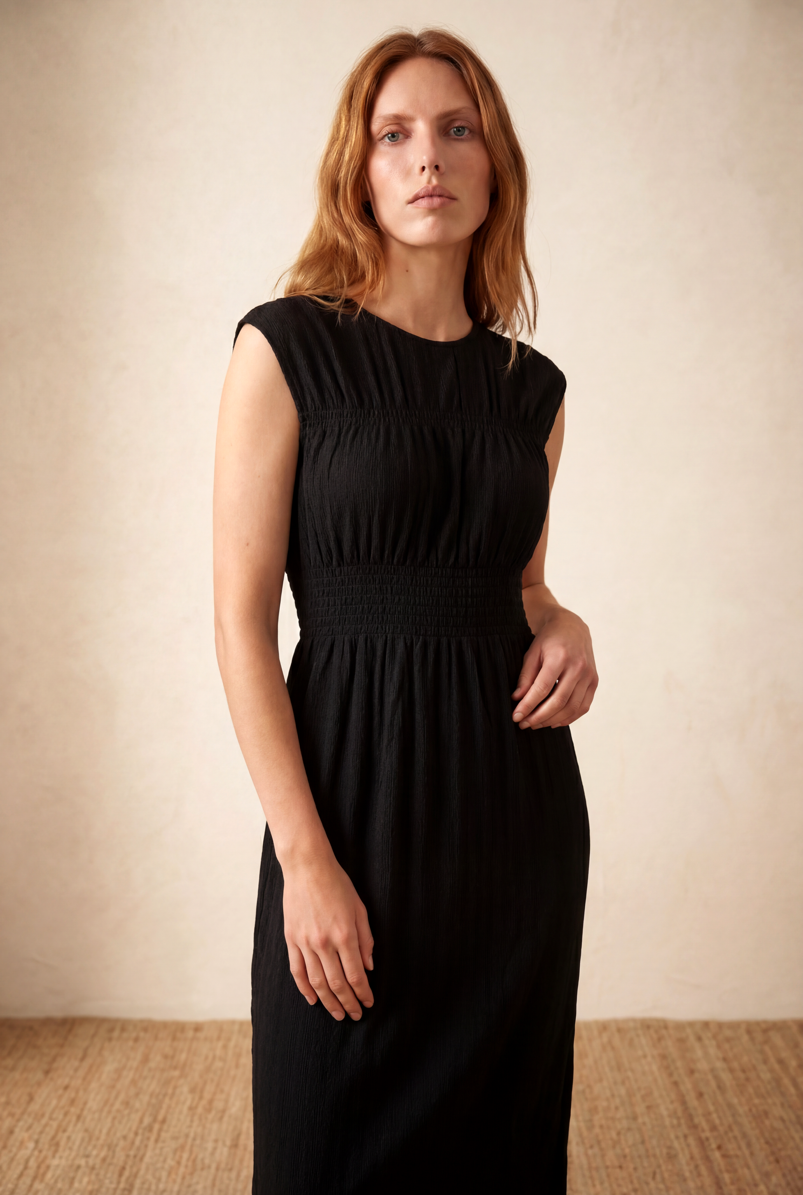 Kadın Regular Fit Bisiklet Yaka Kısa Kollu Siyah Dokulu Pamuk Midi Elbise MARA - Dress - Westmark London EU(TR) Store Organik Pamuklu Sürdürülebilir Moda