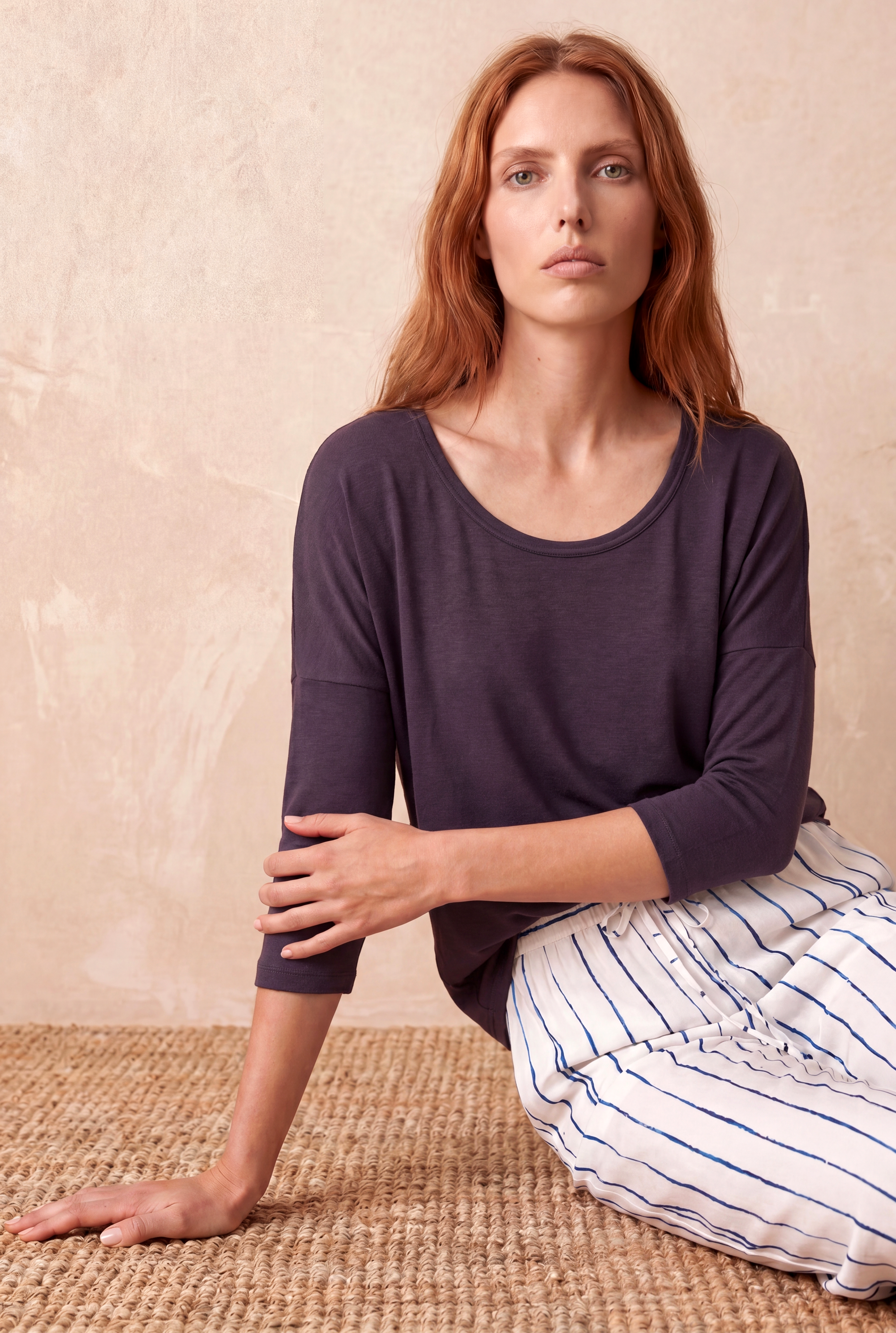 Kadın Mor Viskon Relaxed Fit Bisiklet Yaka 3/4 Kol Düşük Omuz Bluz LIA