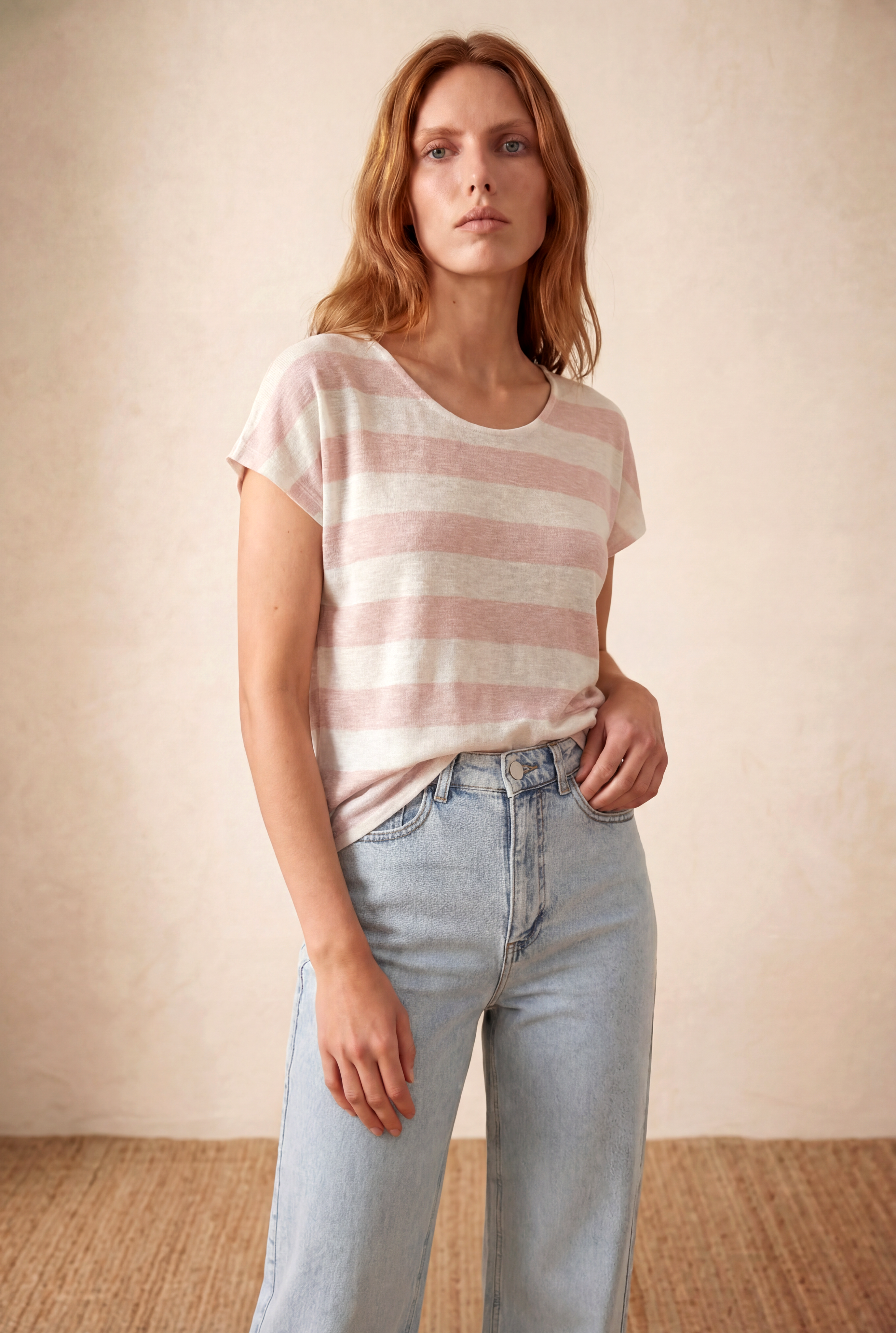 Kadın Regular Fit Bisiklet Yaka Kısa Kol Ekru / Somon Çizgili Viskon / Elastan T-Shirt WILDA - Top - Westmark London EU(TR) Store Organik Pamuklu Sürdürülebilir Moda