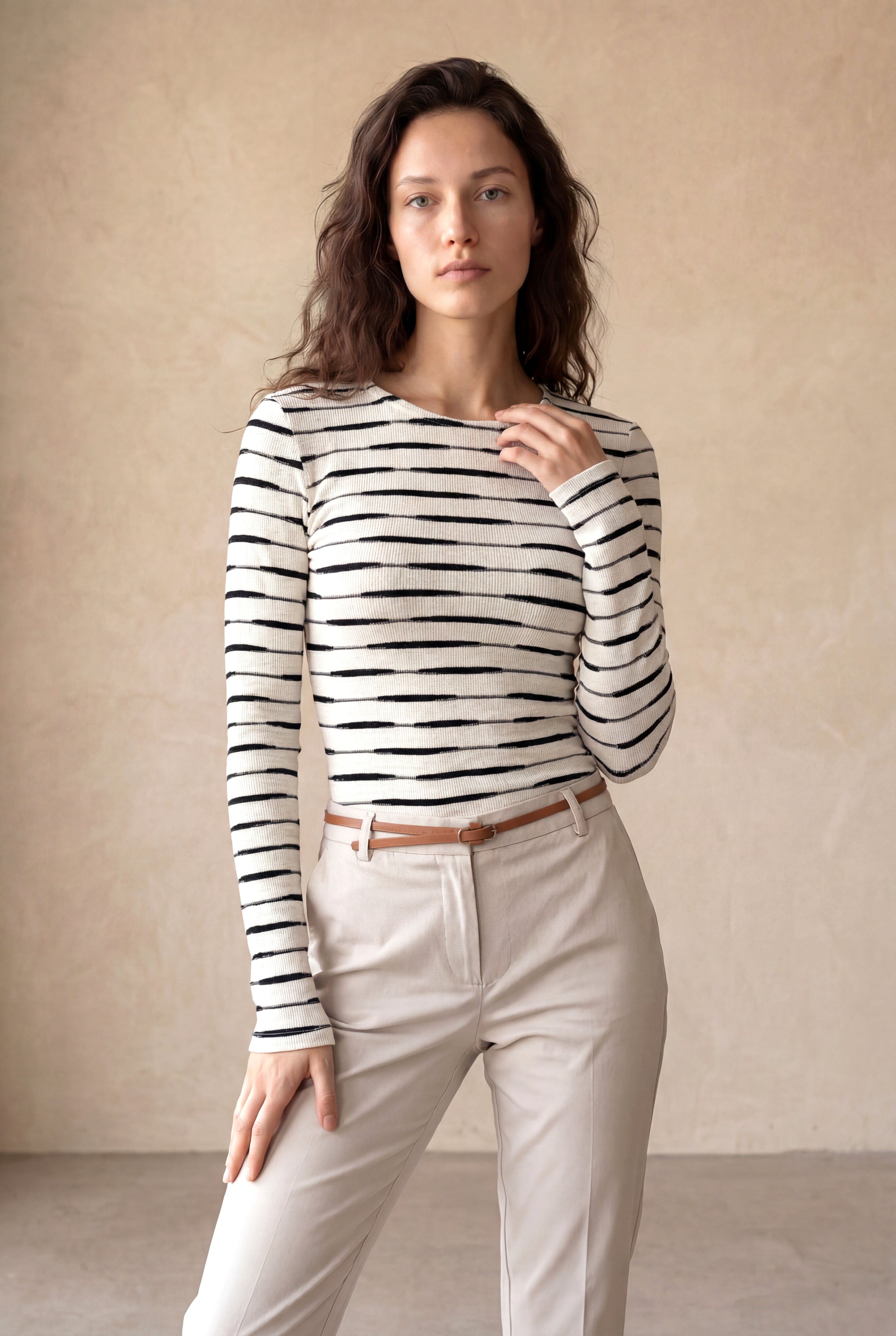 Kadın Regular Fit Bisiklet Yaka Polyester / Viskon / Elastan Uzun Kol Ekru /Siyah Çizgili Bluz ADELE - Top - Westmark London EU(TR) Store Organik Pamuklu Sürdürülebilir Moda