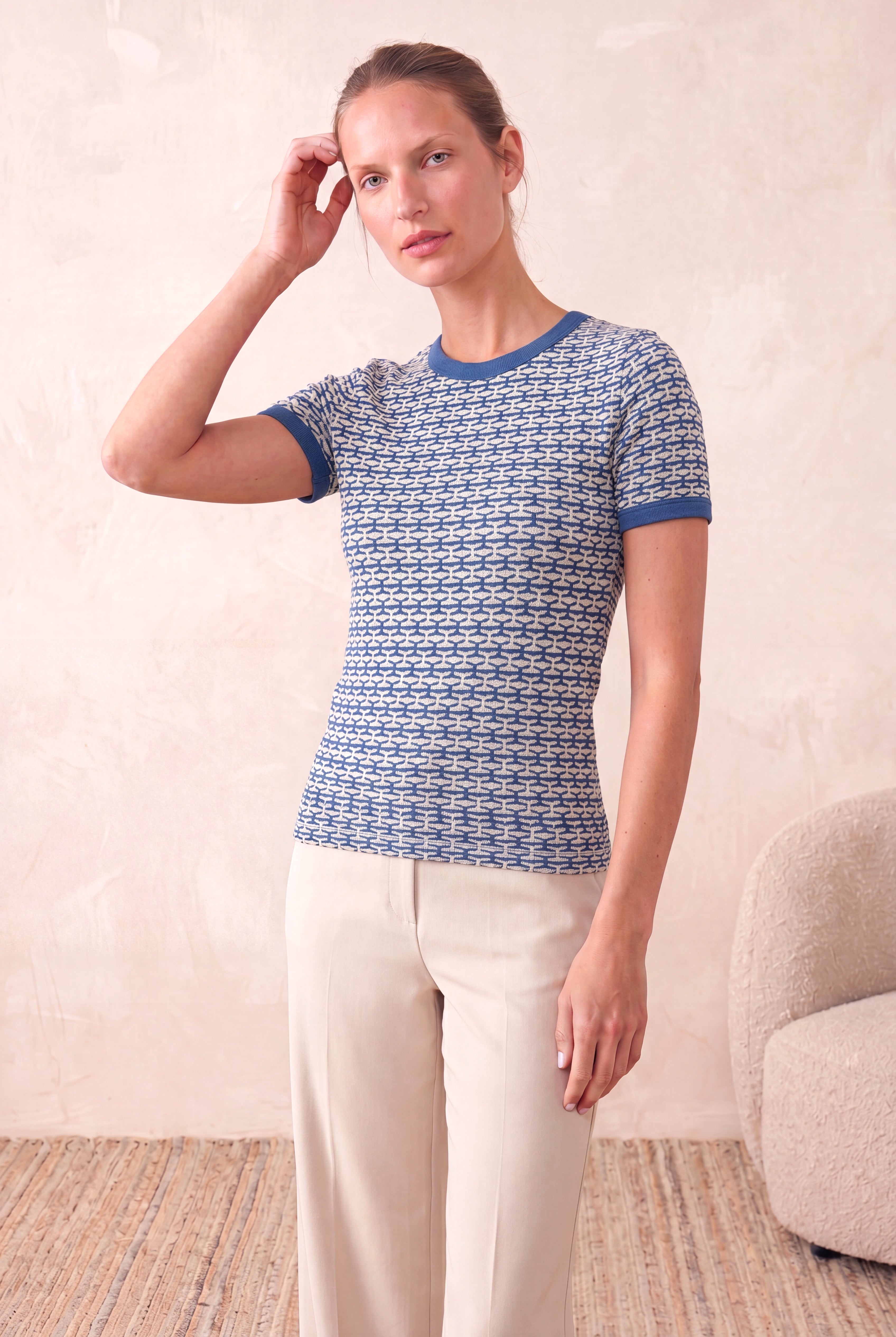 Kadın Mavi Desenli Pamuklu Örme Bisiklet Yaka Kısa Kollu T-Shirt CATARINA