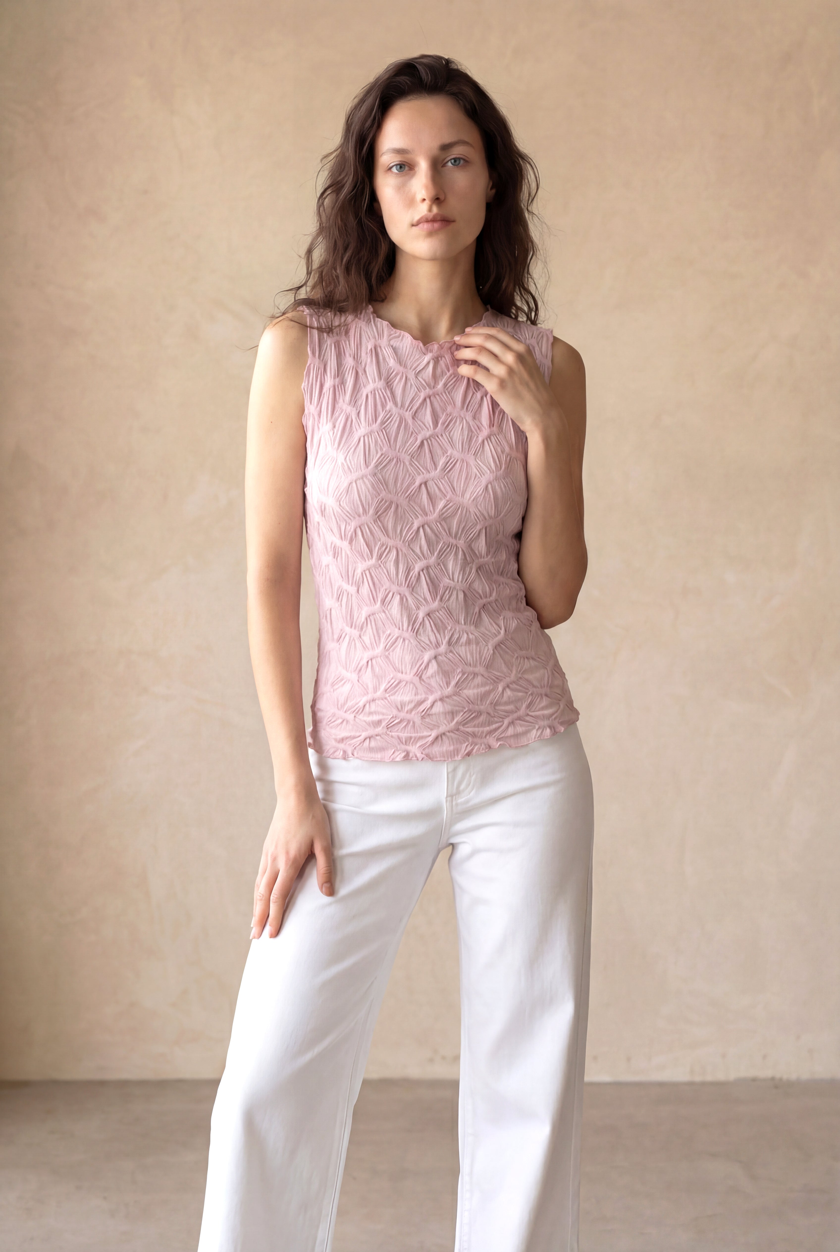 Kadın Slim Fit Bisiklet Yaka Polyester / Elastan Kolsuz Pembe Desenli Atlet ULIANA - Top - Westmark London EU(TR) Store Organik Pamuklu Sürdürülebilir Moda