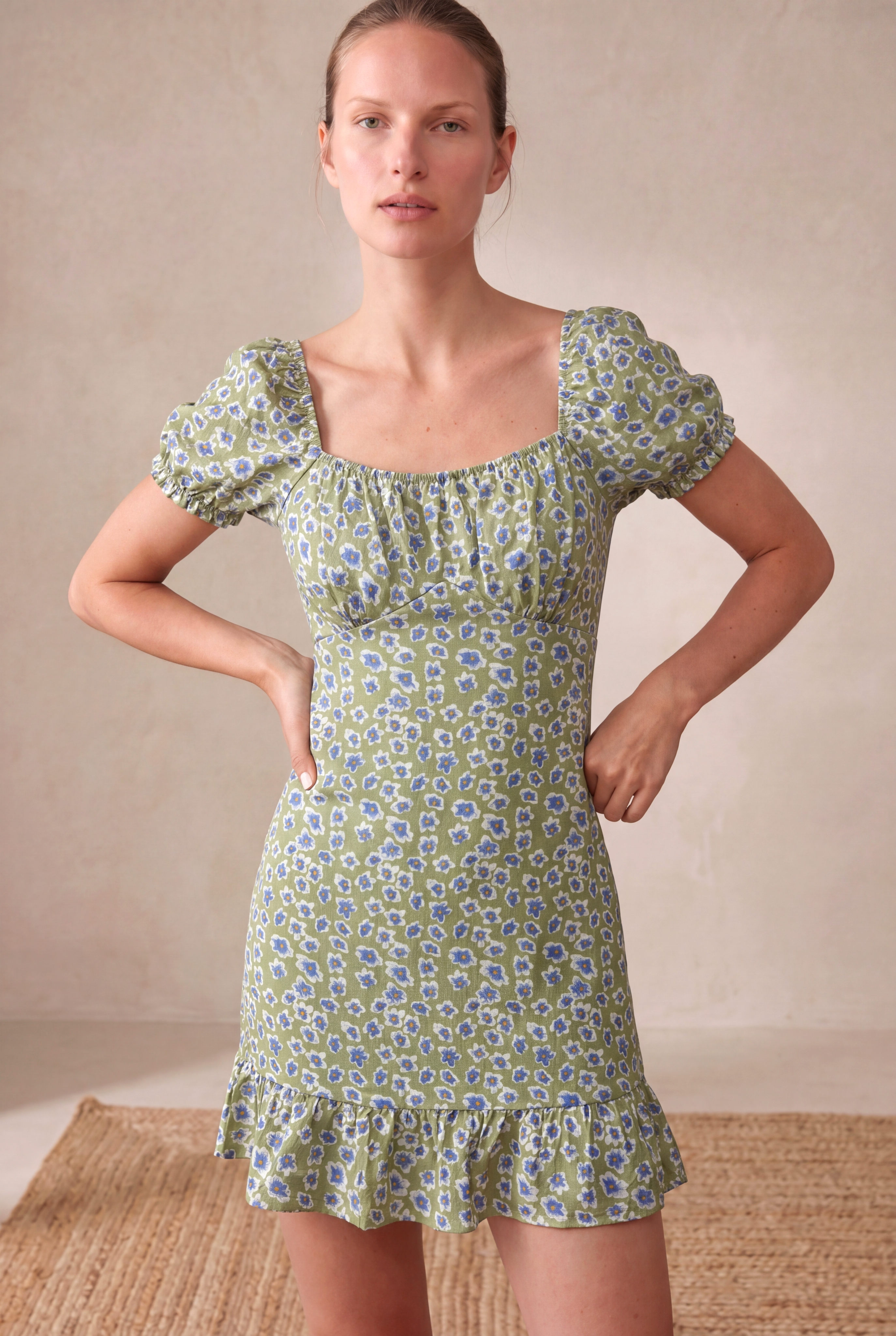 Kadın Regular Fit Kare Yaka Balon Büzgülü Kol Yeşil Mini Elbise EDUARDA - Dress - Westmark London EU(TR) Store Organik Pamuklu Sürdürülebilir Moda