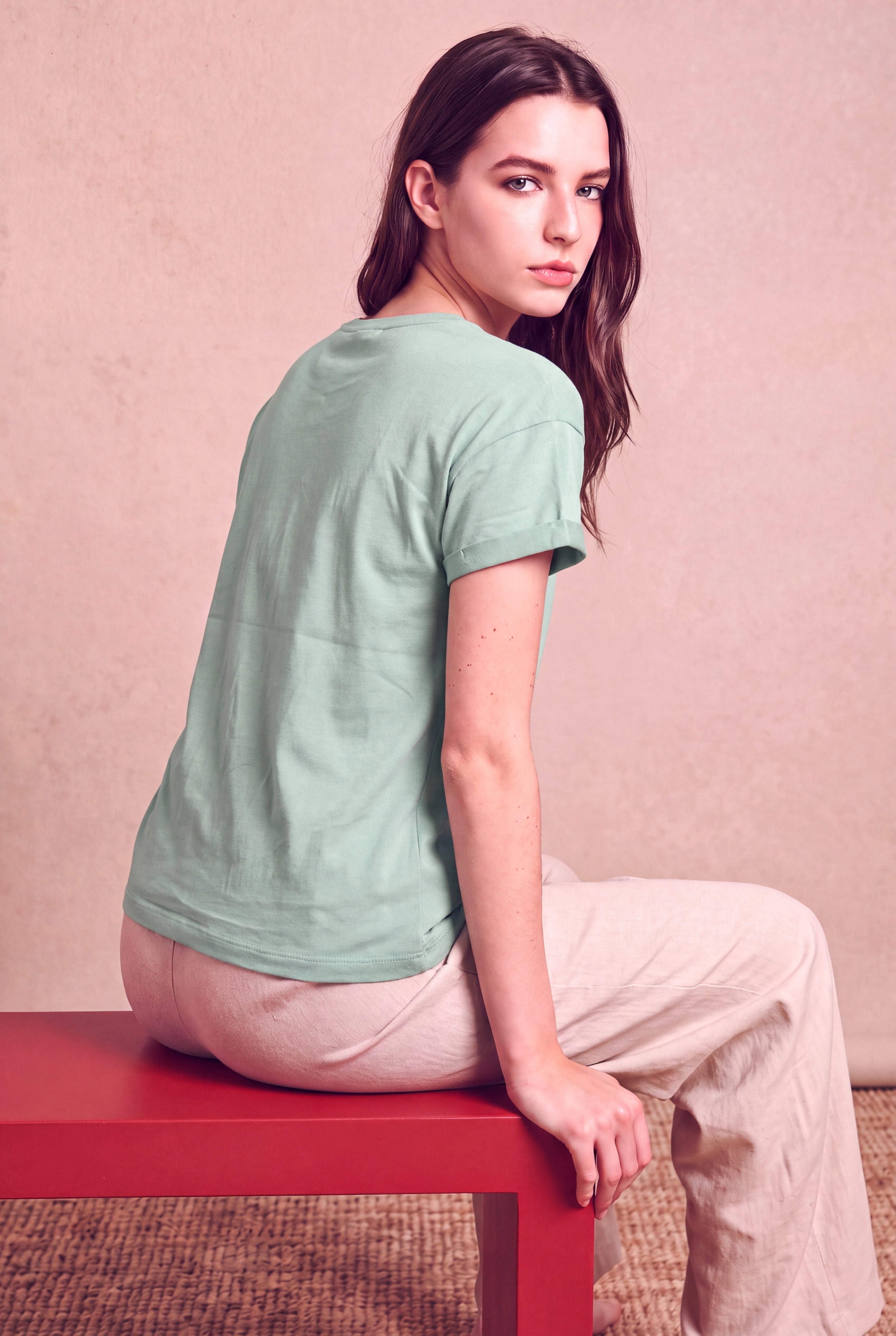 Kadın Modal / Pamuk Yeşil-Gri Katlamalı Kısa Kol Detaylı Düşük Omuz Bisiklet Yaka T-Shirt PALMA