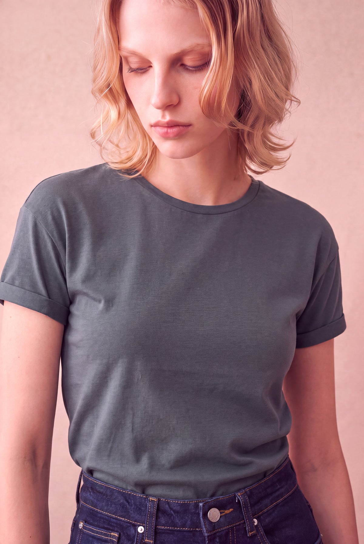 Kadın Modal / Pamuk Gri Katlamalı Kısa Kol Detaylı Düşük Omuz Bisiklet Yaka T-Shirt PALMA