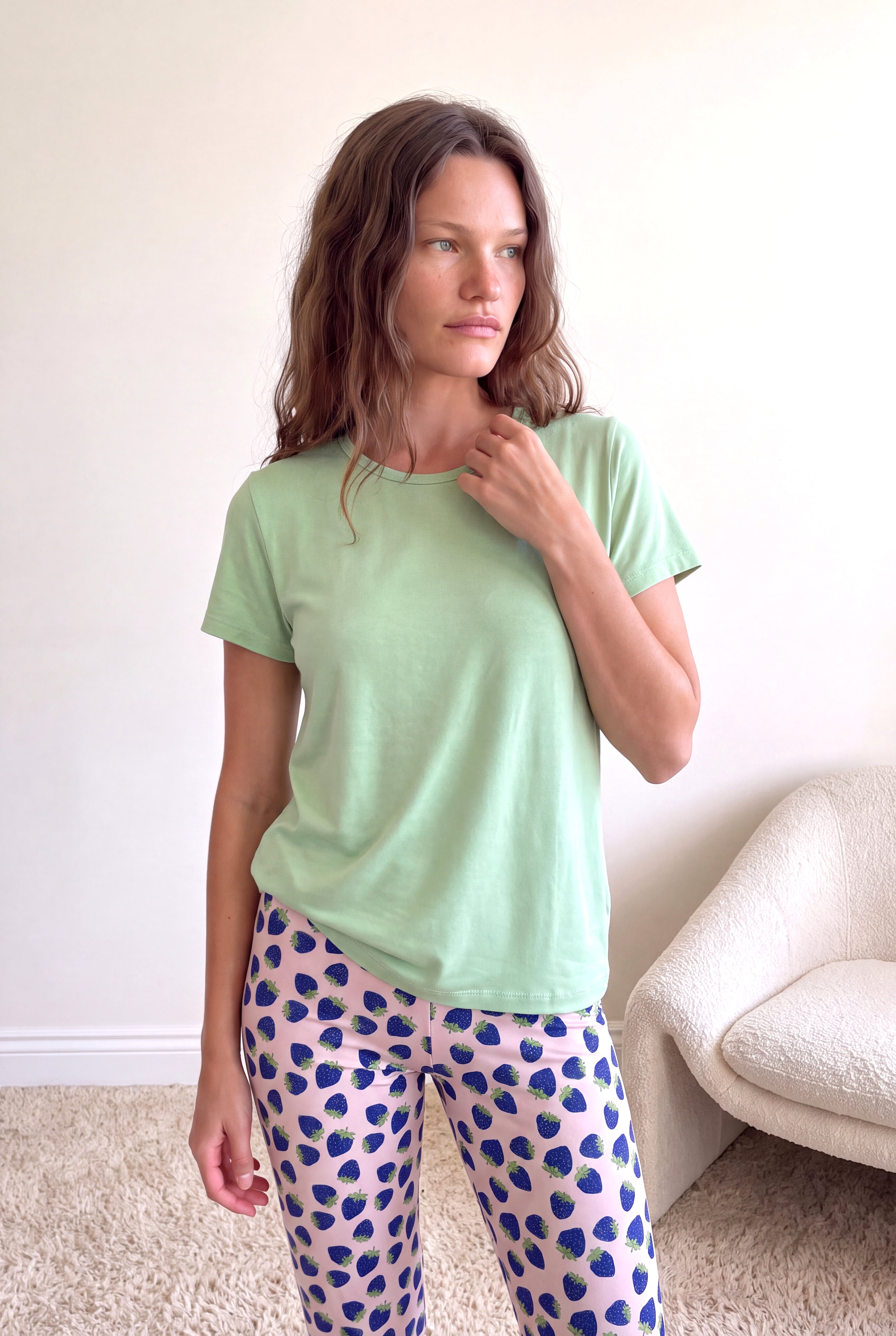 Kadın Pamuklu Pembe Desenli Kısa Kollu Bisiklet Yaka 3/4 Altlı Pijama Takım PJLINA