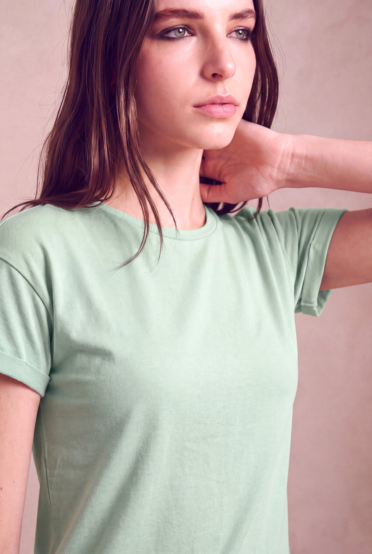 Kadın Modal / Pamuk Adaçayı Yeşil Katlamalı Kısa Kol Detaylı Düşük Omuz Bisiklet Yaka T-Shirt PALMA
