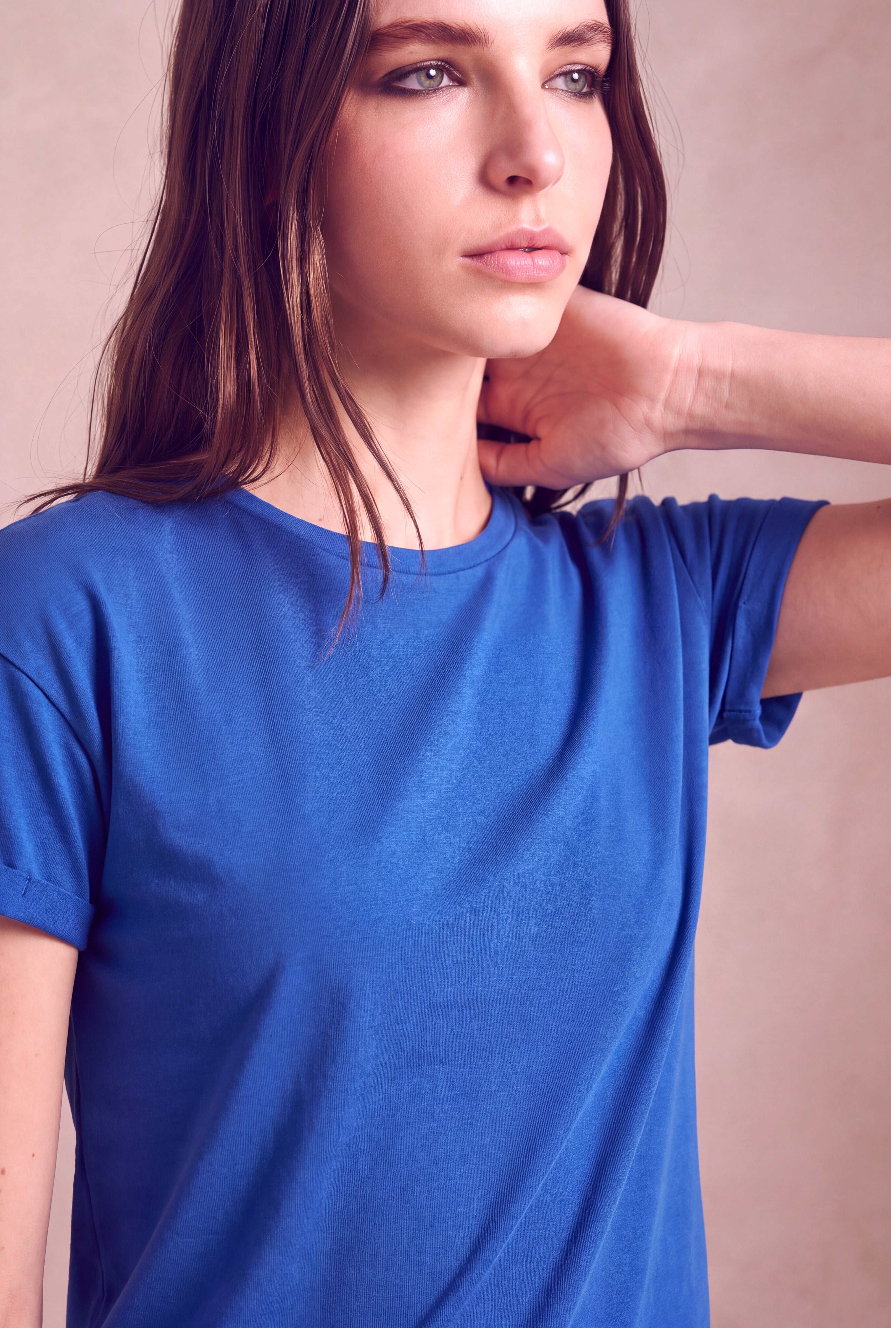 Kadın Modal / Pamuk Atlantik Mavisi Katlamalı Kısa Kol Detaylı Düşük Omuz Bisiklet Yaka T-Shirt PALMA