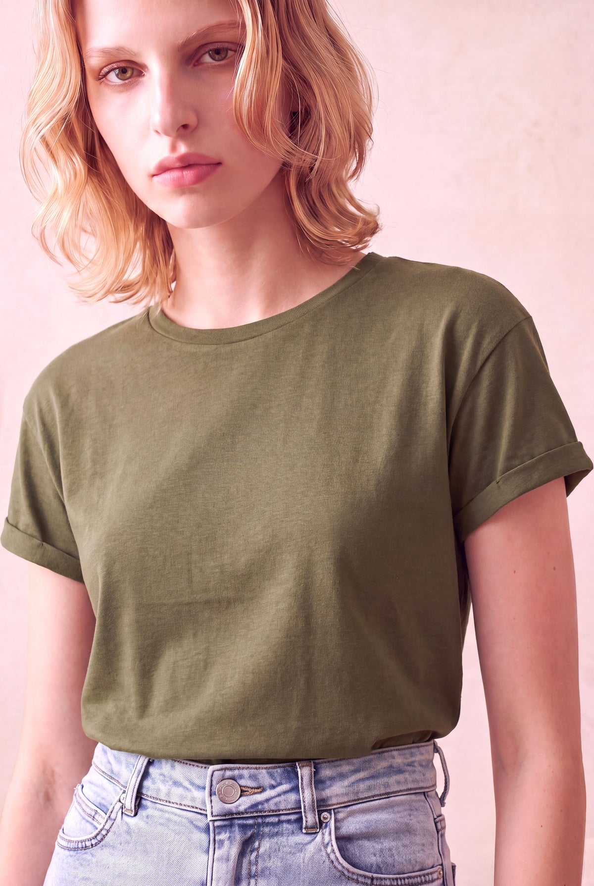 Kadın Modal / Pamuk Haki Katlamalı Kısa Kol Detaylı Düşük Omuz Bisiklet Yaka T-Shirt PALMA