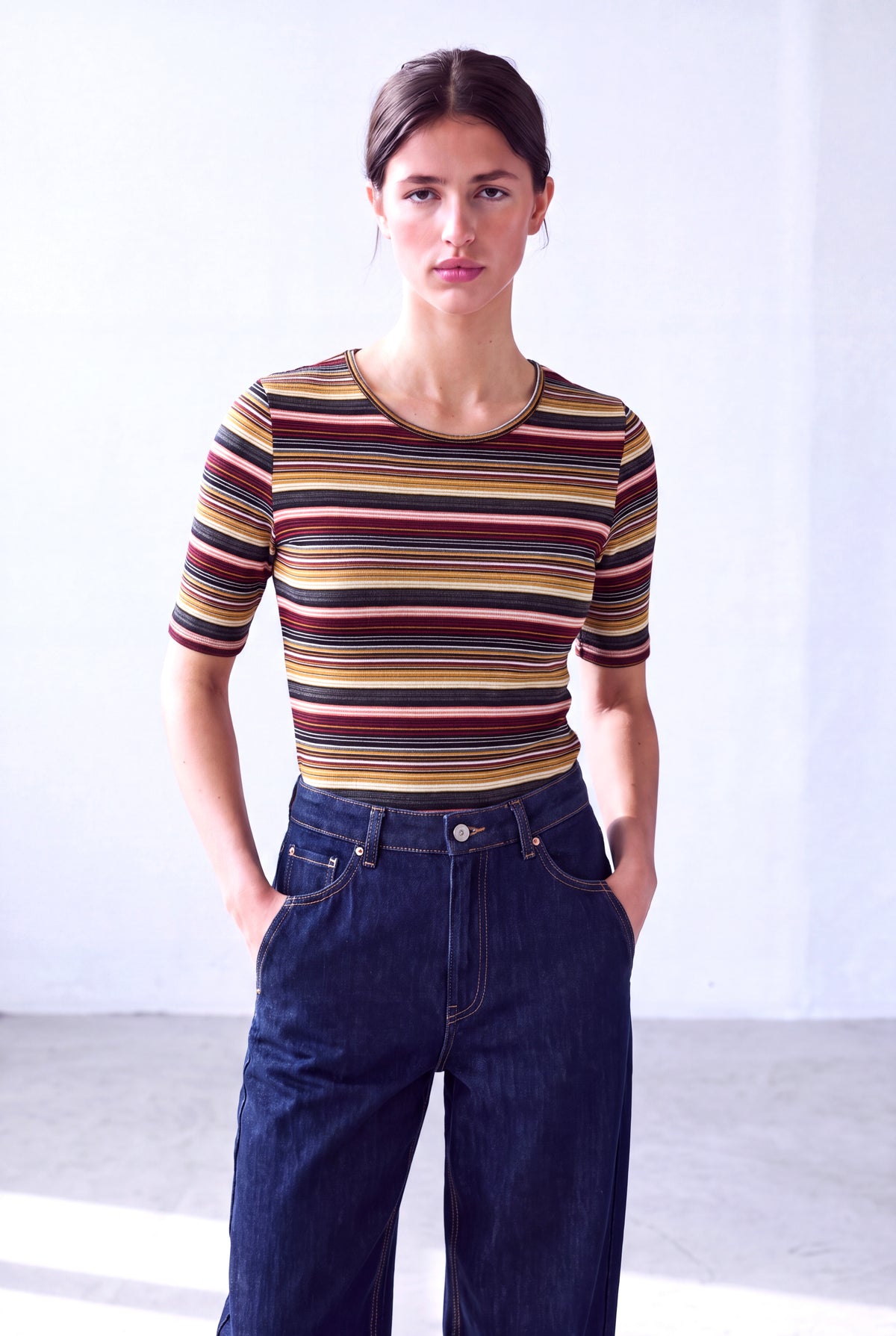 Lacivert Çok Renkli Çizgili Kadın Lacivert Çok Renkli Çizgili Viskon Bisiklet Yaka 2/4 Kol Bluz VERA - Top - Westmark London EU(TR) Store Organik Pamuklu Sürdürülebilir Moda