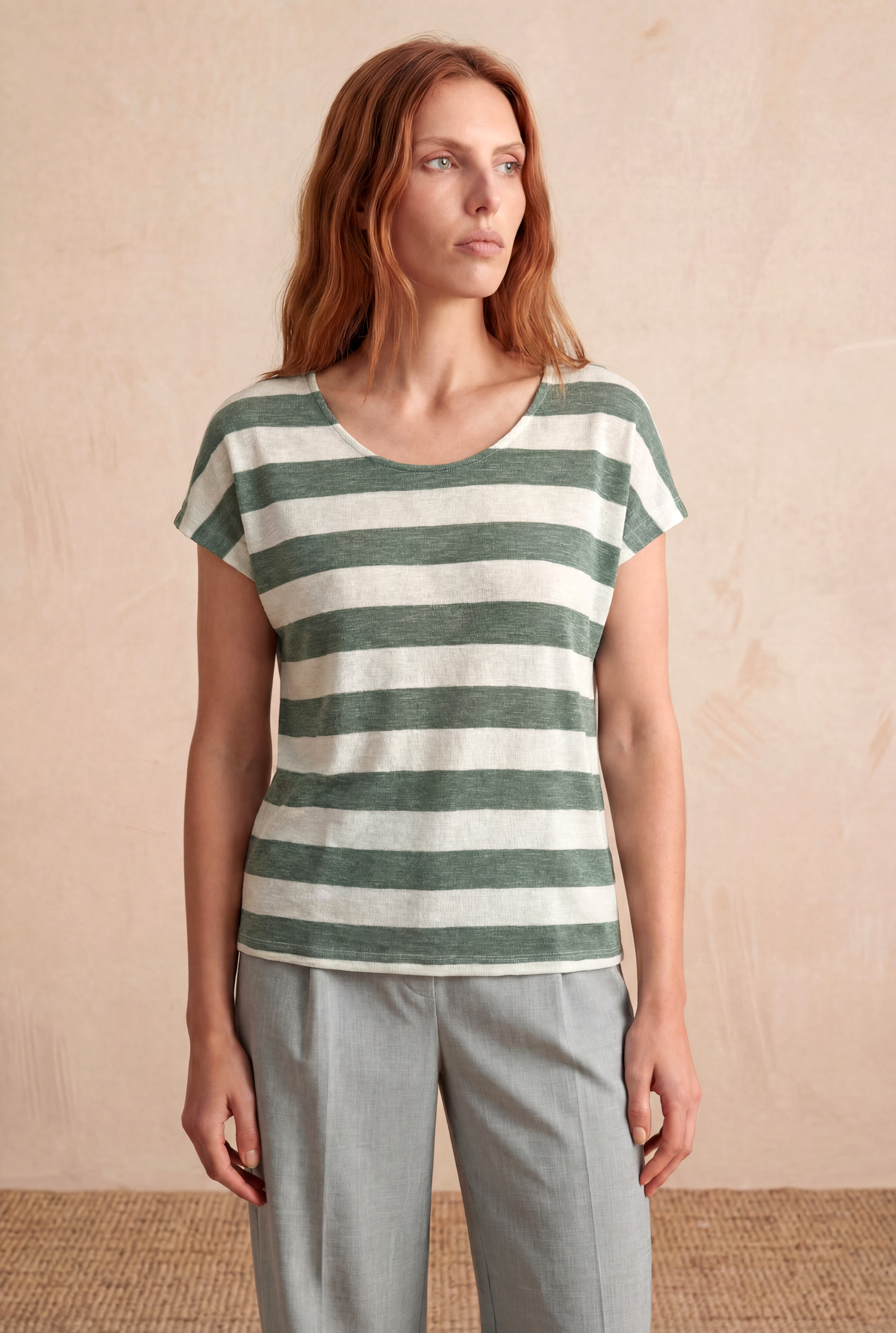 Kadın Regular Fit Bisiklet Yaka Kısa Kol Ekru / Defne Yeşili Çizgili Viskon / Elastan T-Shirt WILDA - Top - Westmark London EU(TR) Store Organik Pamuklu Sürdürülebilir Moda