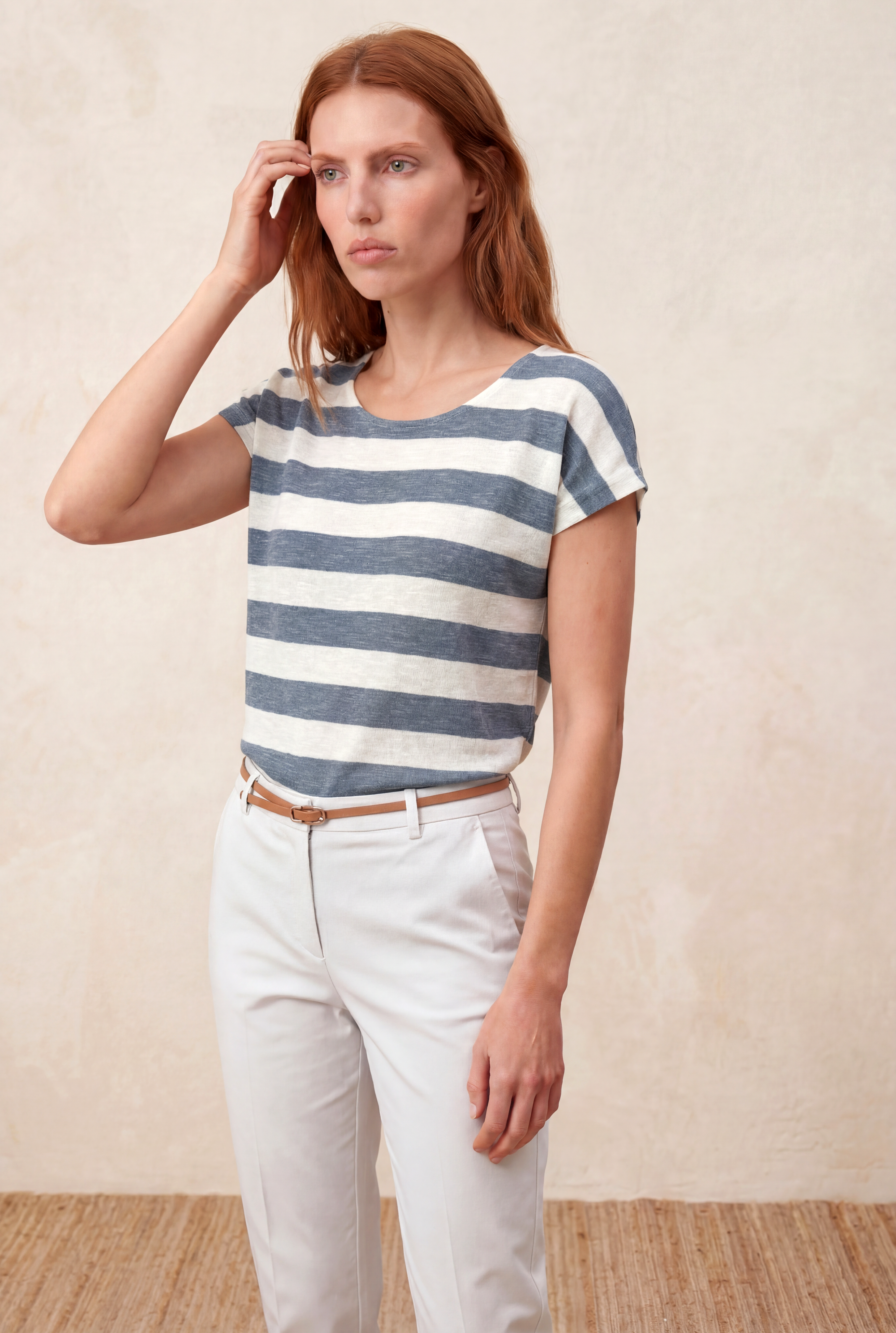 Kadın Regular Fit Bisiklet Yaka Kısa Kol Ekru / Mdumanlı Mavi Çizgili Viskon / Elastan T-Shirt WILDA - Top - Westmark London EU(TR) Store Organik Pamuklu Sürdürülebilir Moda