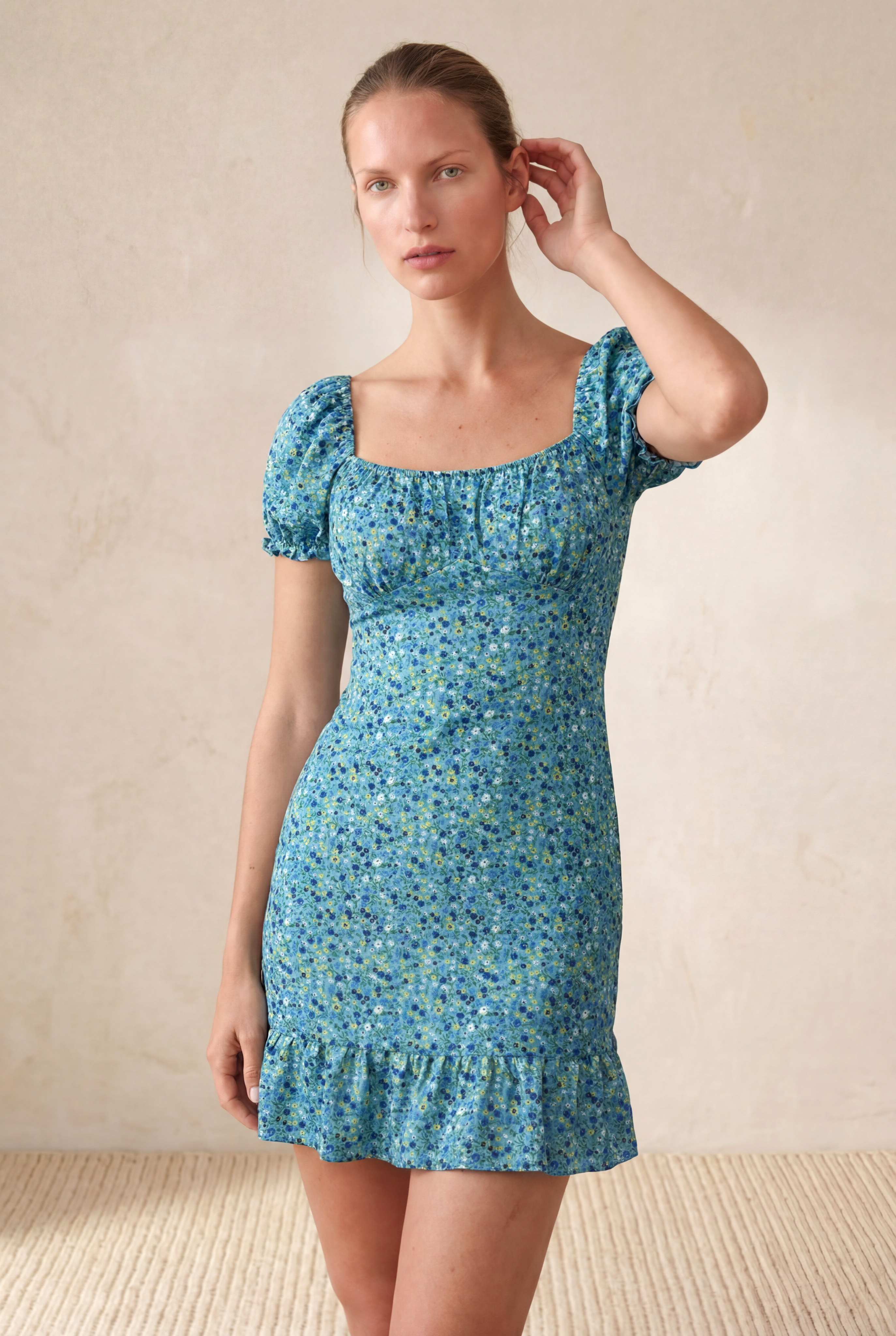 Kadın Regular Fit Kare Yaka Balon Büzgülü Kol Mavi Mini Elbise EDUARDA - Dress - Westmark London EU(TR) Store Organik Pamuklu Sürdürülebilir Moda