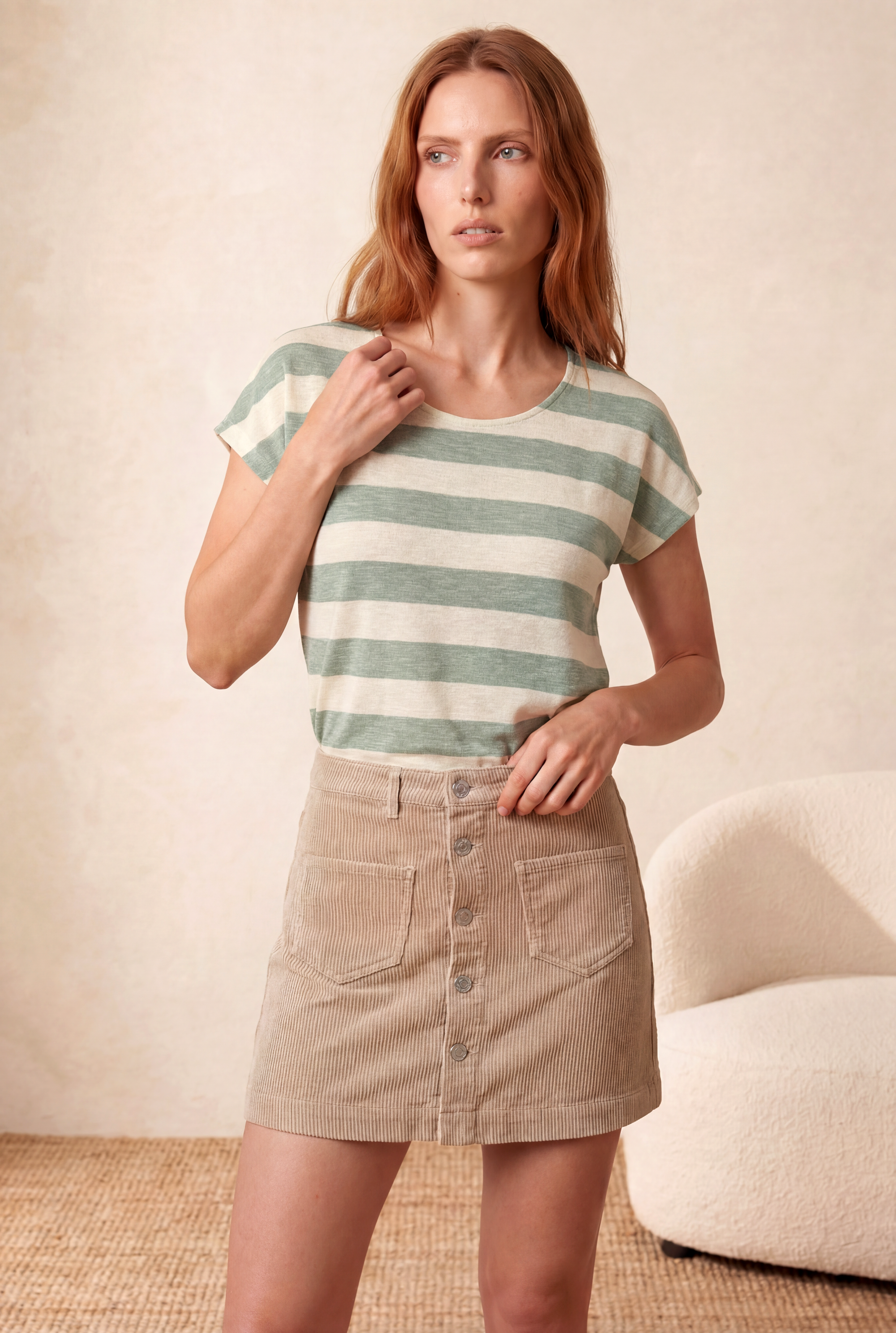 Kadın Regular Fit Bisiklet Yaka Kısa Kol Ekru / Dark Yeşil Çizgili Viskon / Elastan T-Shirt WILDA - Top - Westmark London EU(TR) Store Organik Pamuklu Sürdürülebilir Moda