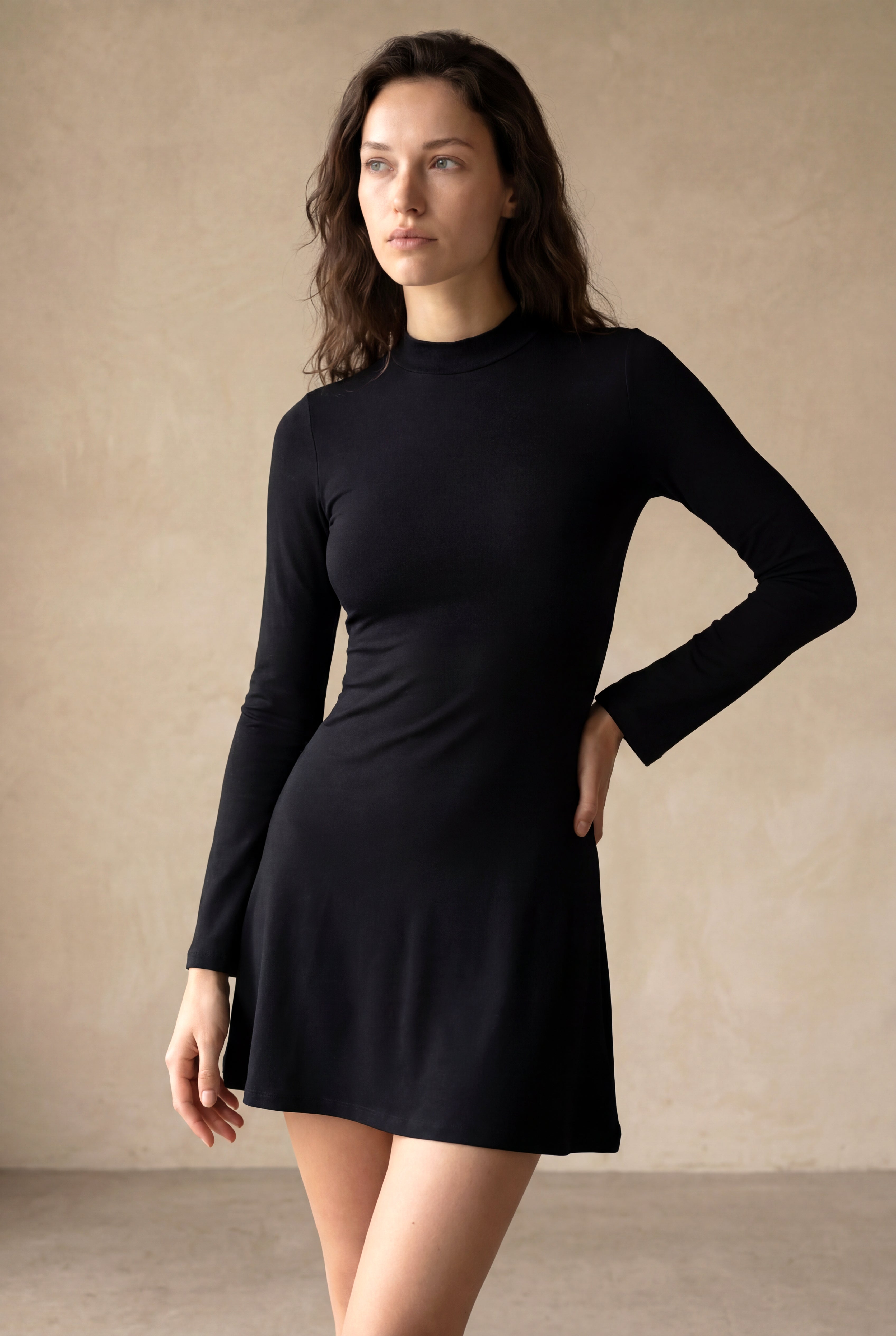Kadın Regular Fit Dik Yaka Pamuk / Elastan Balon Kol Siyah Mini Elbise DENISE - Dress - Westmark London EU(TR) Store Organik Pamuklu Sürdürülebilir Moda