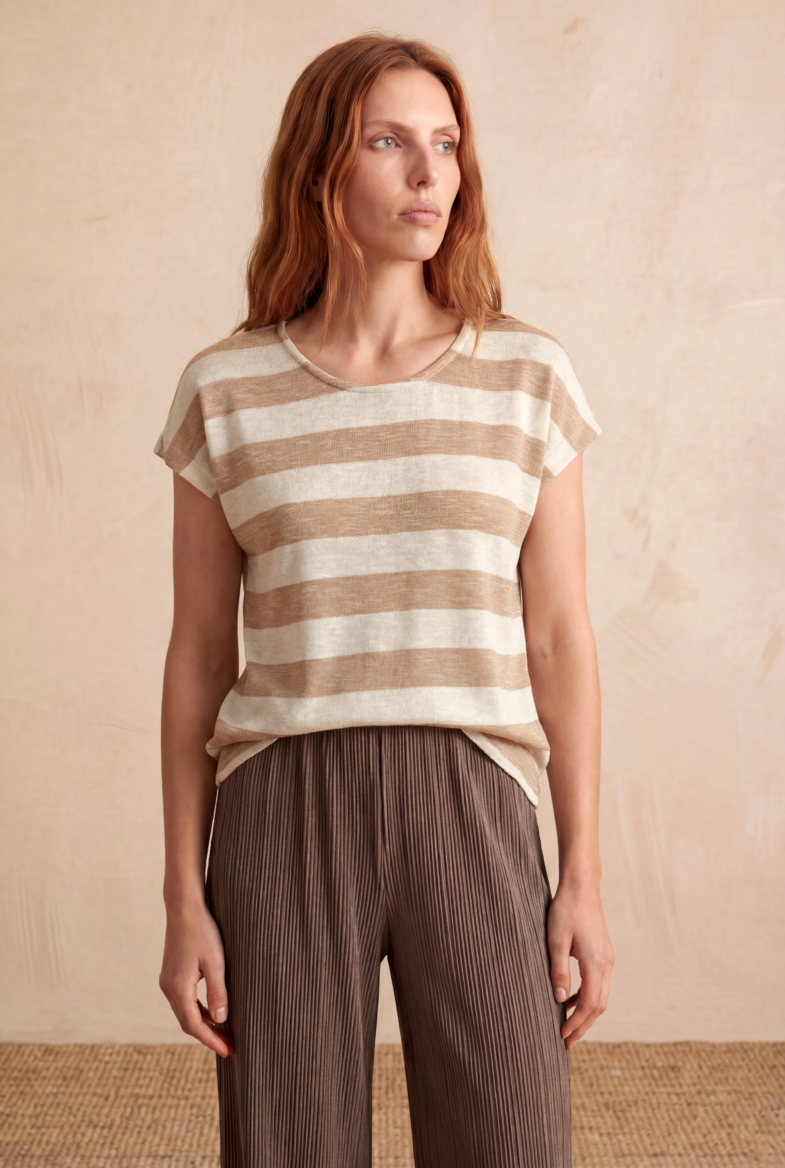 Kadın Regular Fit Bisiklet Yaka Kısa Kol Ekru / Kum Rengi Çizgili Viskon / Elastan T-Shirt WILDA - Top - Westmark London EU(TR) Store Organik Pamuklu Sürdürülebilir Moda