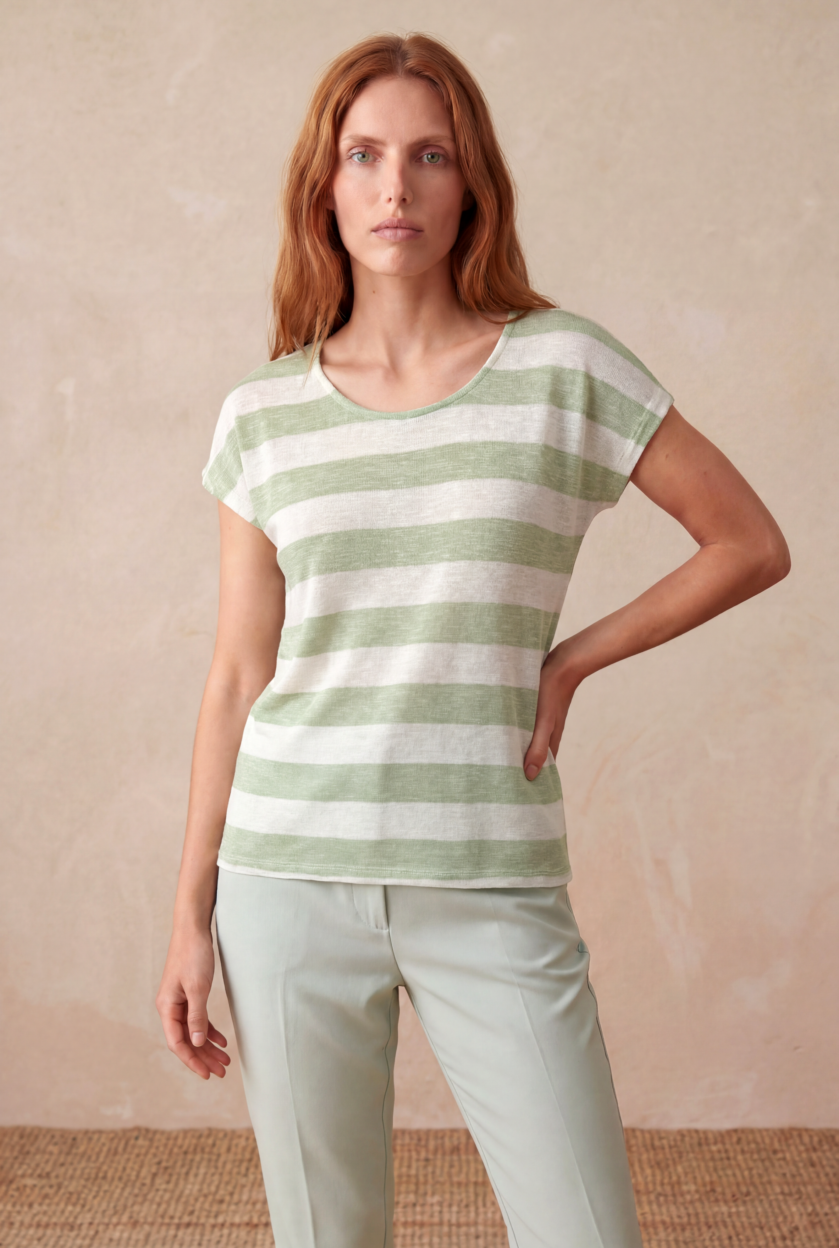 Kadın Regular Fit Bisiklet Yaka Kısa Kol Ekru / Light Yeşil Çizgili Viskon / Elastan T-Shirt WILDA - Top - Westmark London EU(TR) Store Organik Pamuklu Sürdürülebilir Moda