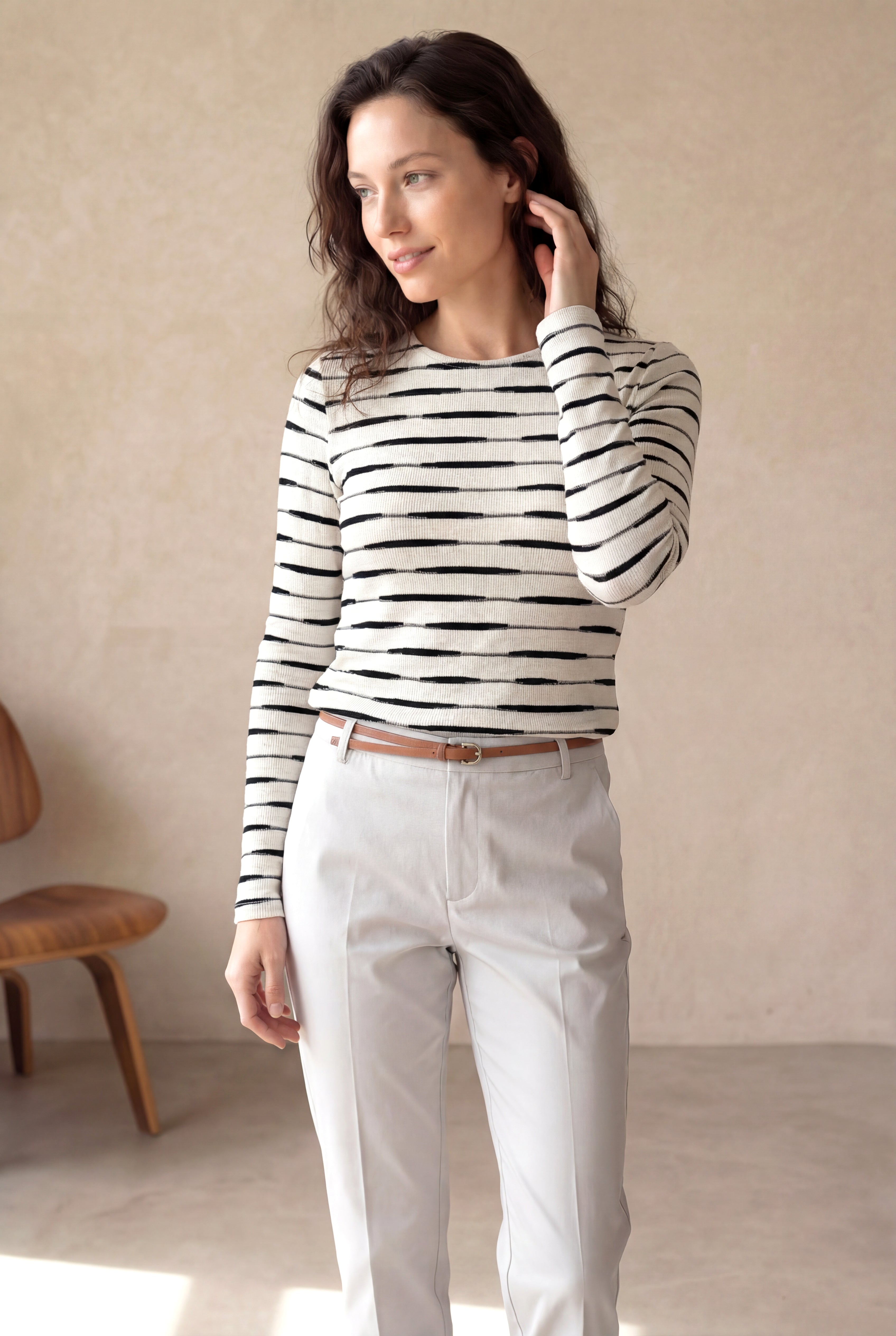 Kadın Regular Fit Bisiklet Yaka Polyester / Viskon / Elastan Uzun Kol Ekru /Siyah Çizgili Bluz ADELE - Top - Westmark London EU(TR) Store Organik Pamuklu Sürdürülebilir Moda