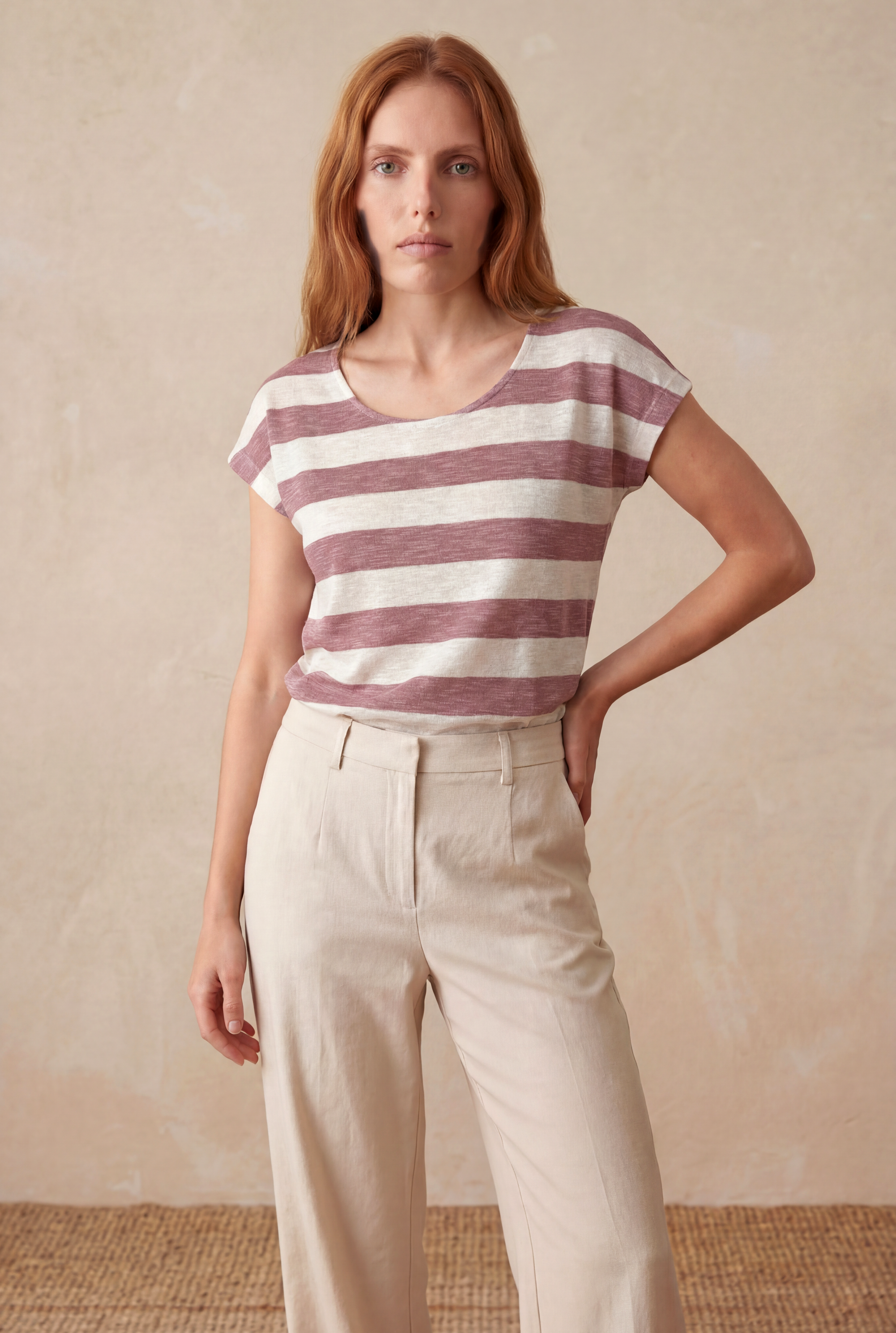 Kadın Regular Fit Bisiklet Yaka Kısa Kol Ekru / Gül Kurusu Çizgili Viskon / Elastan T-Shirt WILDA - Top - Westmark London EU(TR) Store Organik Pamuklu Sürdürülebilir Moda