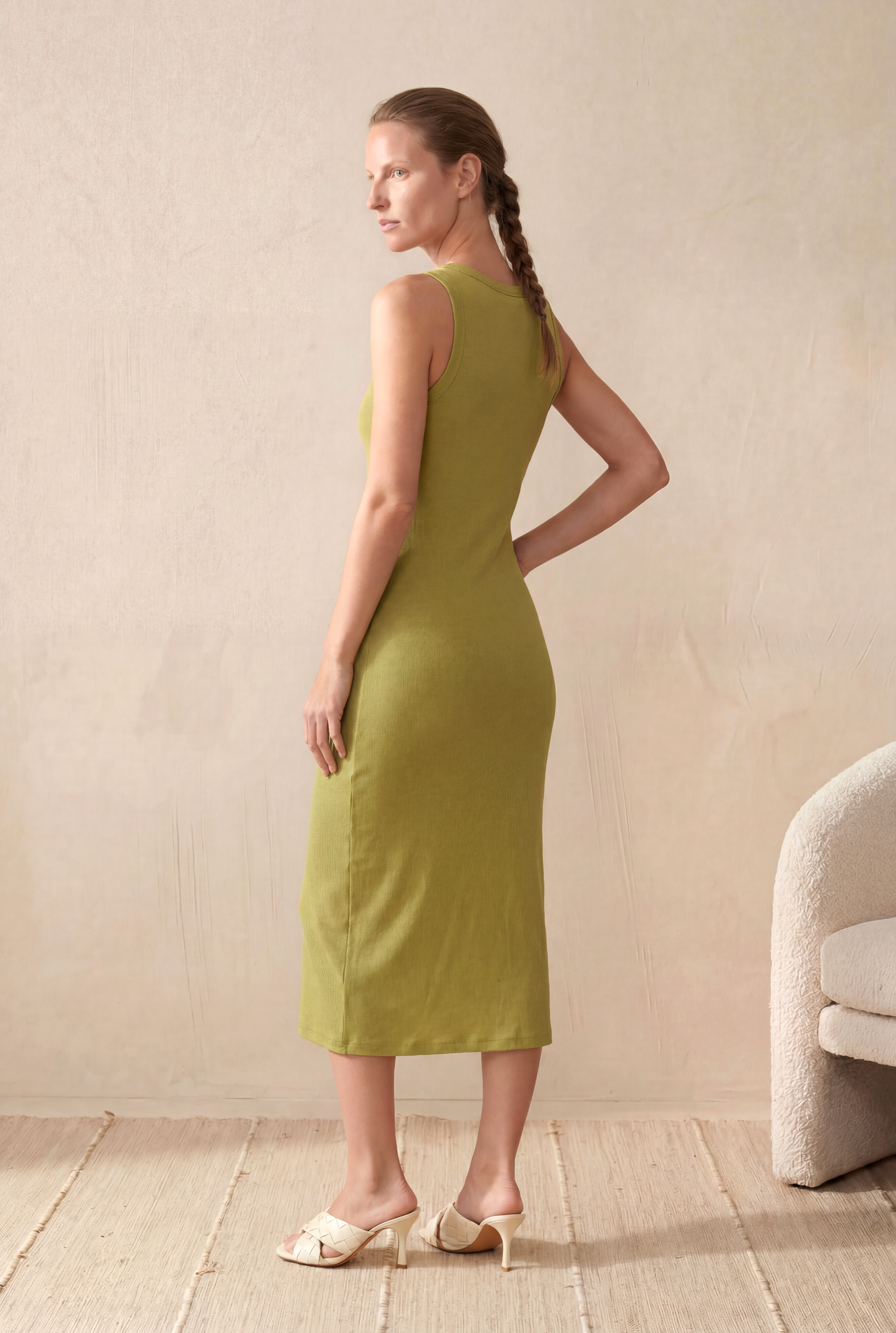 Kadın Slim Fit Bisiklet Yaka Kolsuz Yeşil Pamuklu Fitilli Ribana Midi Elbise RITA - Dress - Westmark London EU(TR) Store Organik Pamuklu Sürdürülebilir Moda